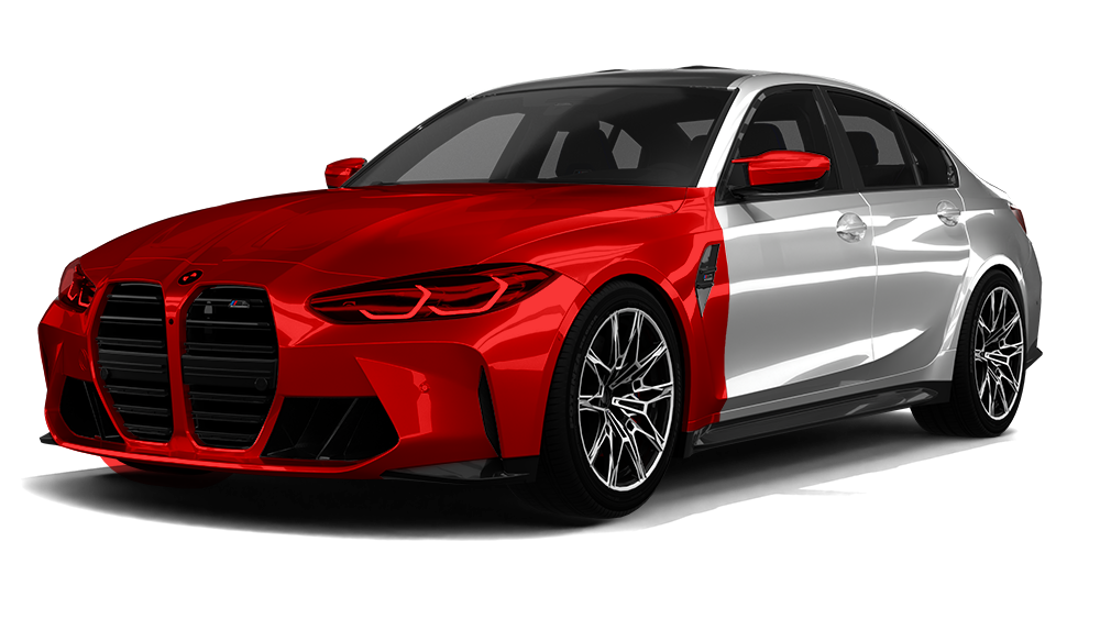 Red and silver sports coupe on a white background, shown in a three-quarter front view