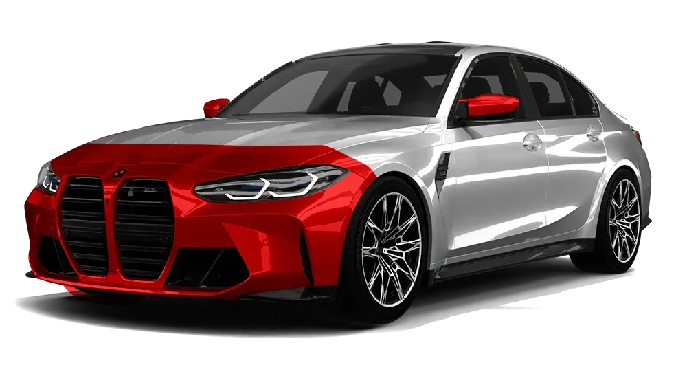 Red and silver sports coupe with a black grille on a white background