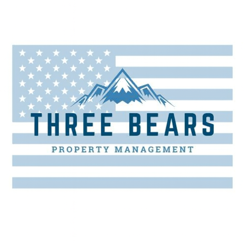 Logo: Three Bears Property Management, blue mountains over the words, on a blue-toned American flag.
