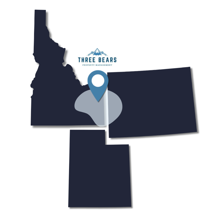 Map highlighting Idaho, Utah, and Wyoming with a pin in Wyoming for Three Bears.