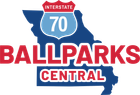 Ballparks Central logo with Interstate 70 shield over a blue Missouri outline