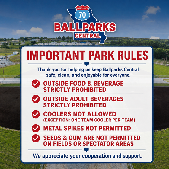 Ballparks Central sign listing park rules, including no outside food, drinks, coolers, metal spikes, seeds or gum.