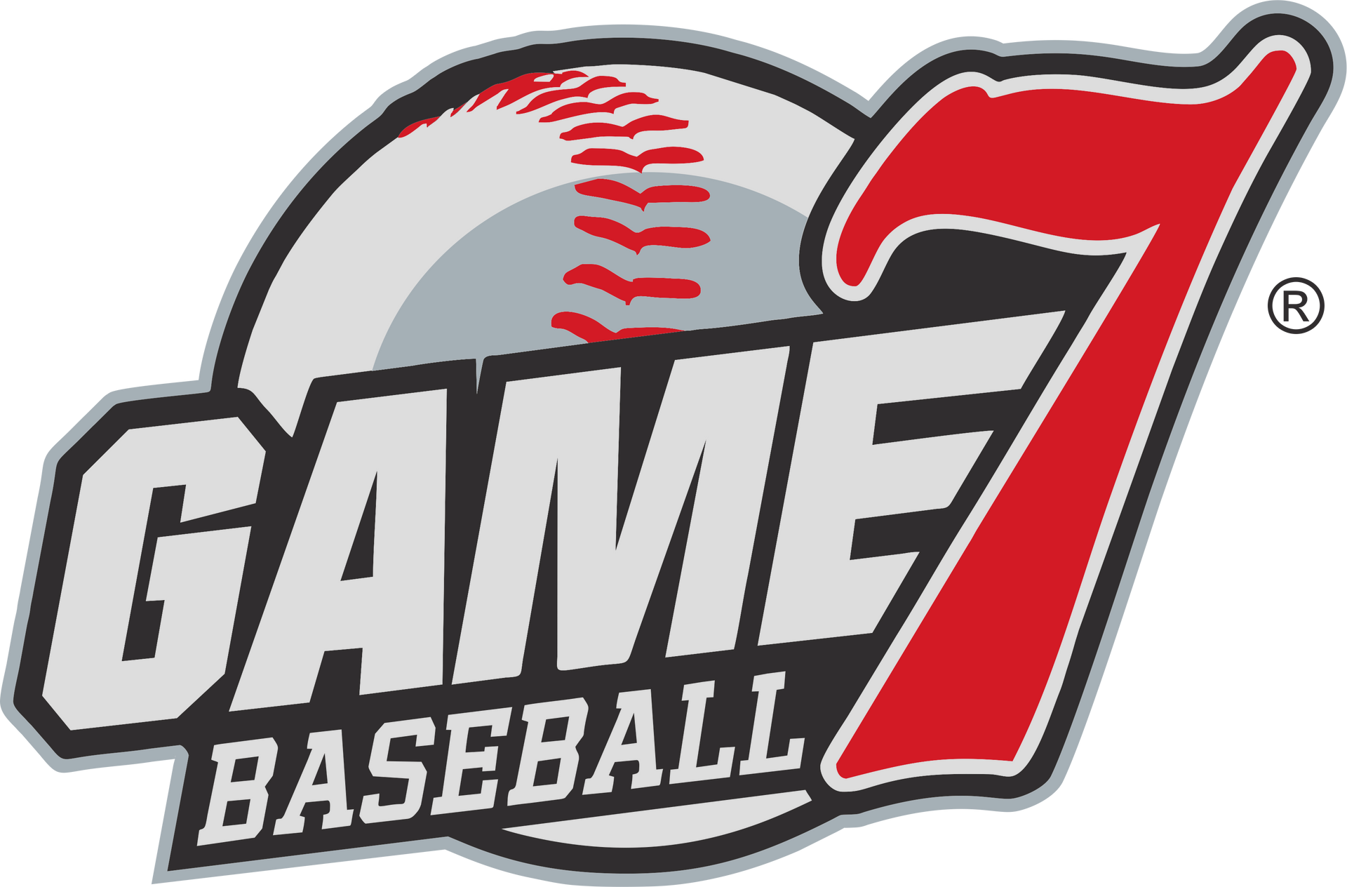 GAME7 Baseball logo in gray, black, red, and white