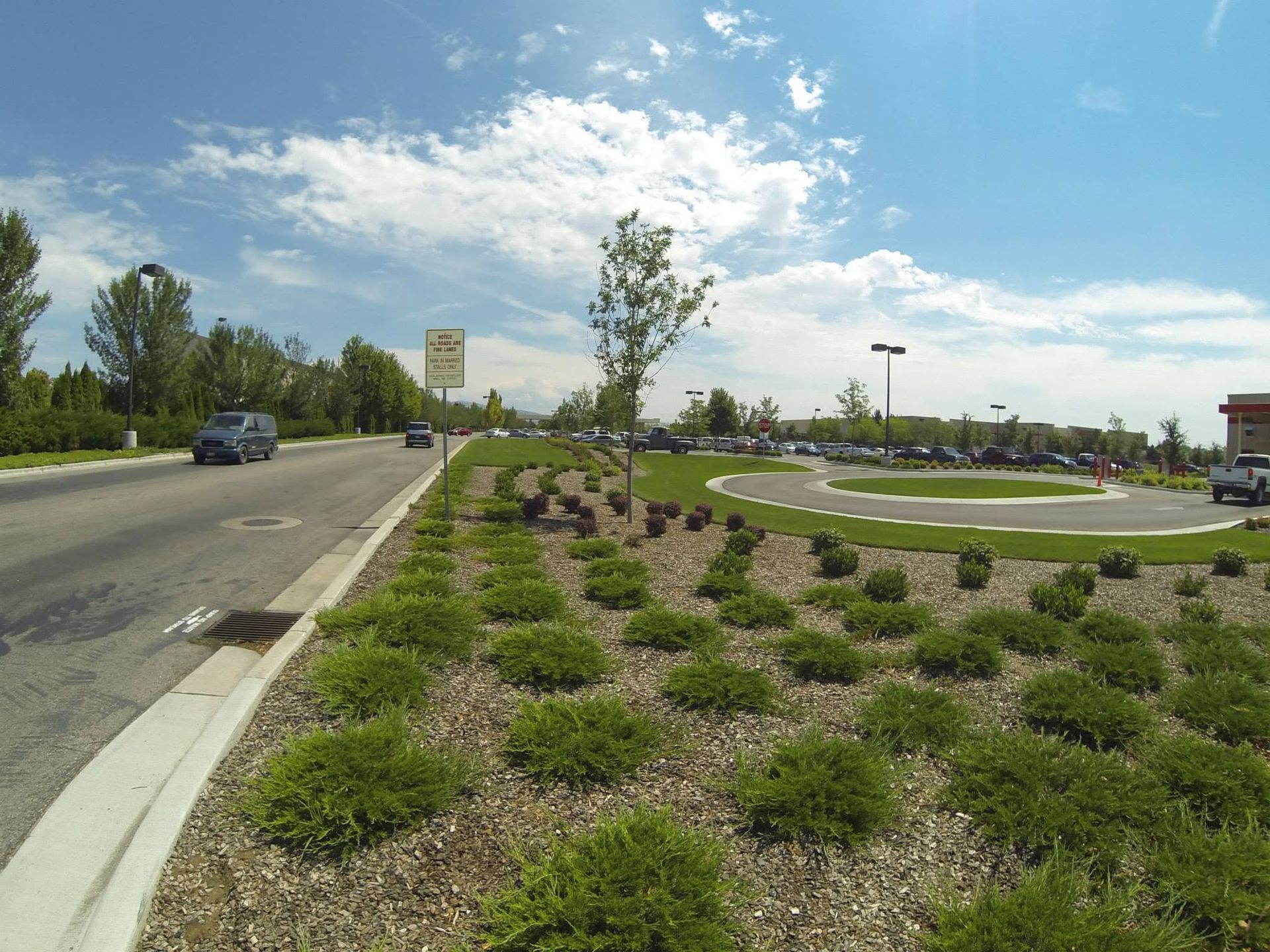 Mulched roadside landscaping with shrubs beside a road under a partly cloudy blue sky