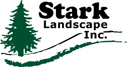 Stark Landscape Inc. logo with green pine tree and sloped line on white background