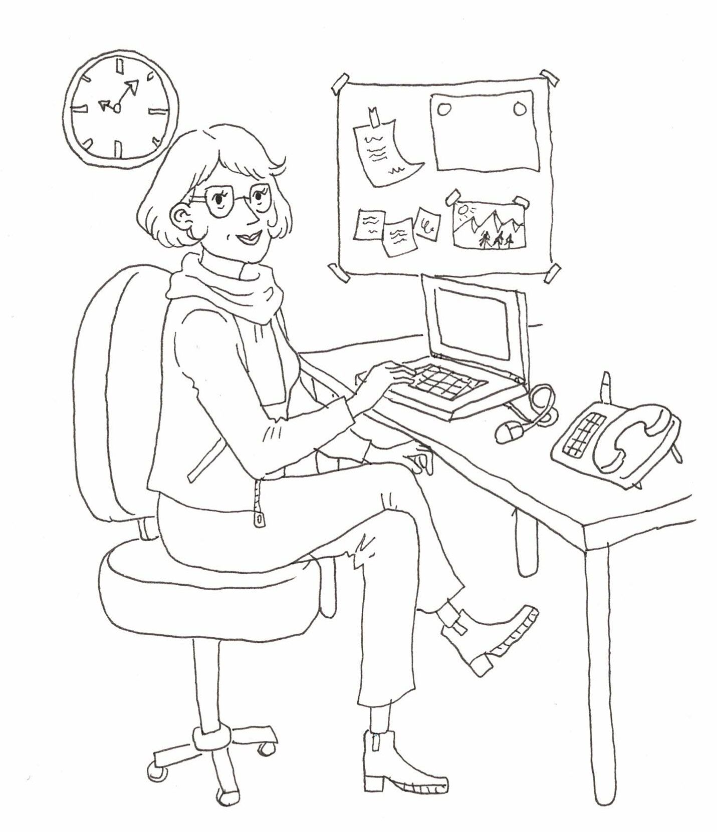 Eine Schwarzweißzeichnung einer Frau, die an einem Schreibtisch sitzt und einen Laptop benutzt.