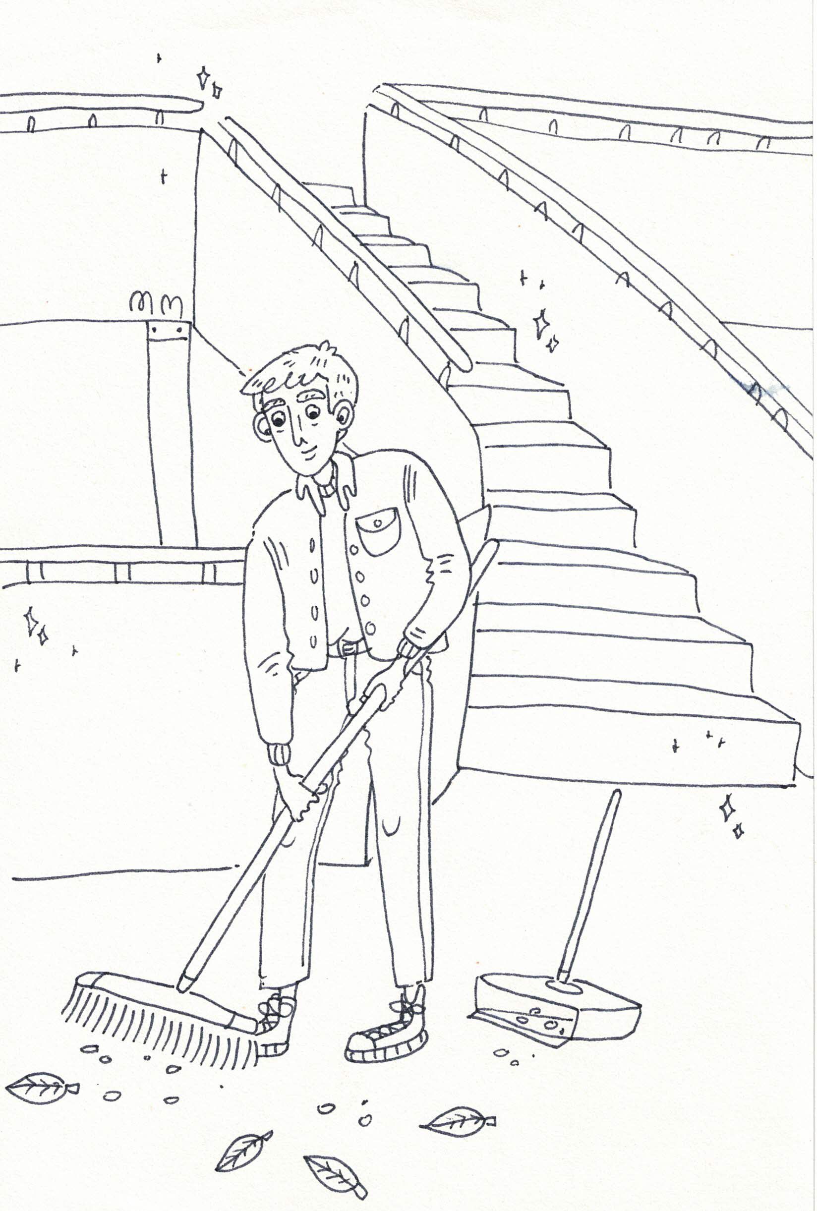 Eine Schwarzweißzeichnung eines Mannes, der mit einem Besen eine Treppe reinigt.