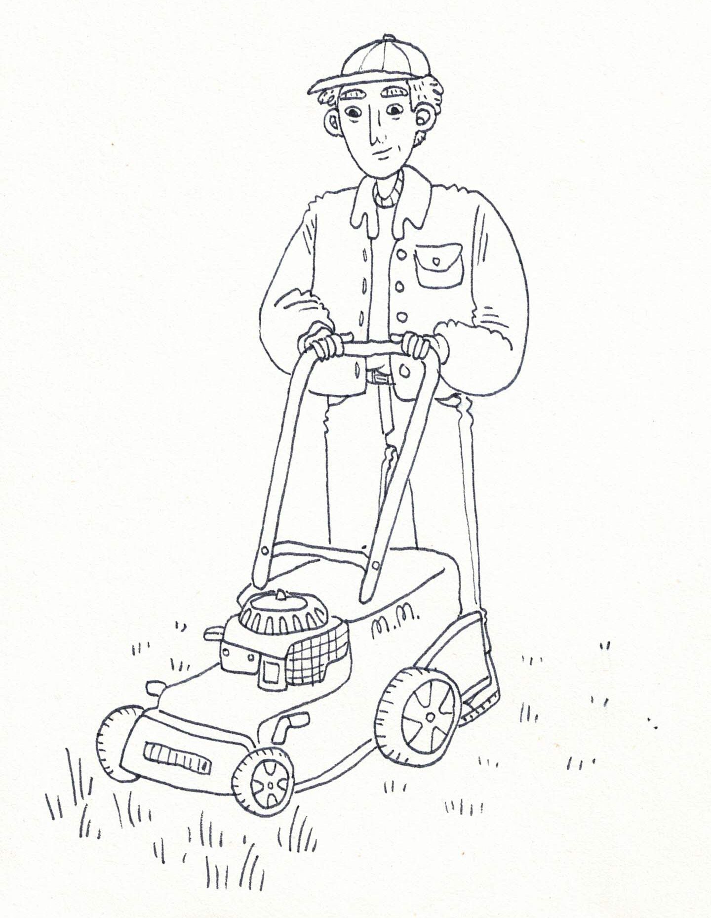 Eine Schwarzweißzeichnung eines Mannes, der mit einem Rasenmäher Gras schneidet.