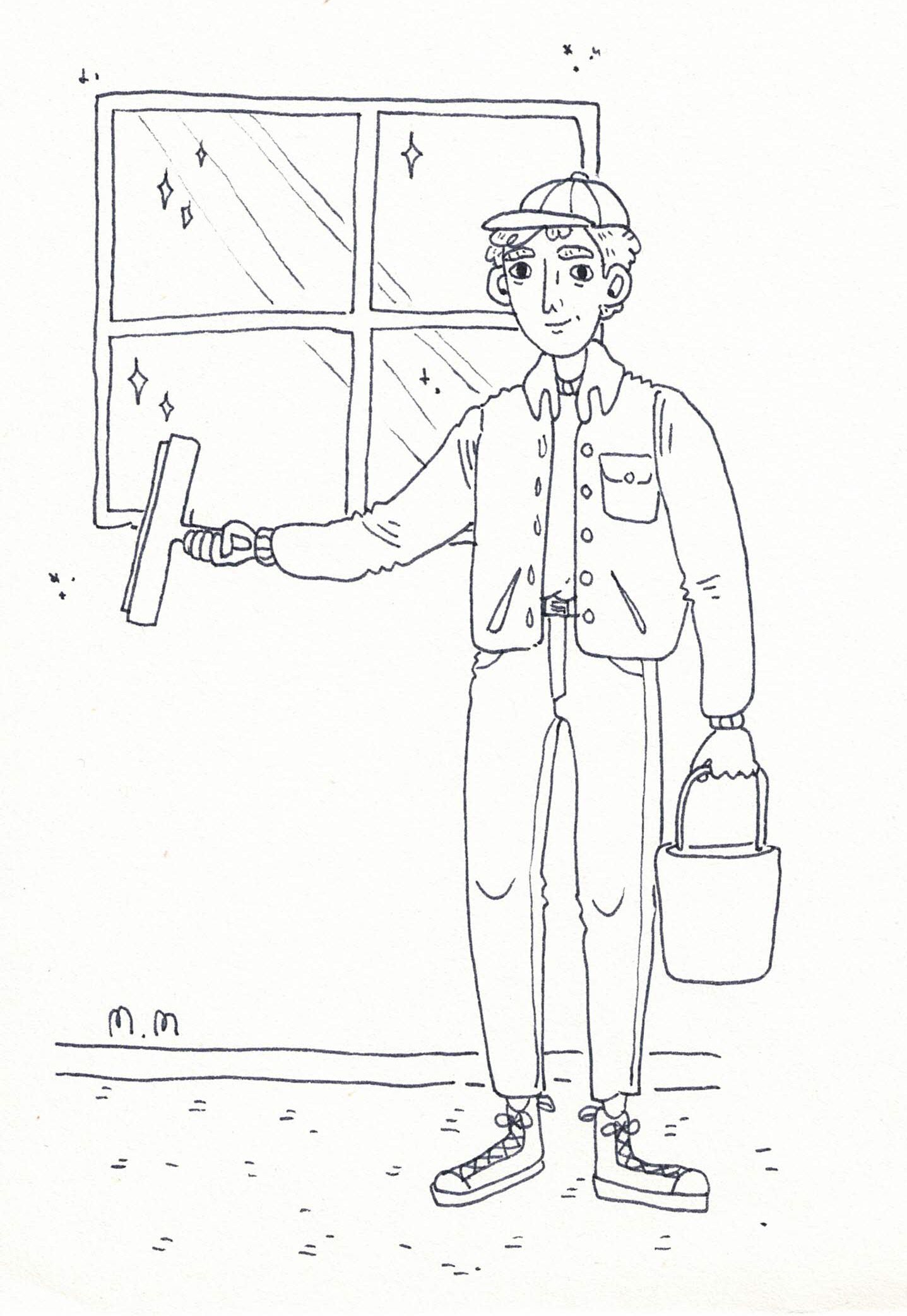 Eine Schwarzweißzeichnung eines Mannes, der ein Fenster putzt.