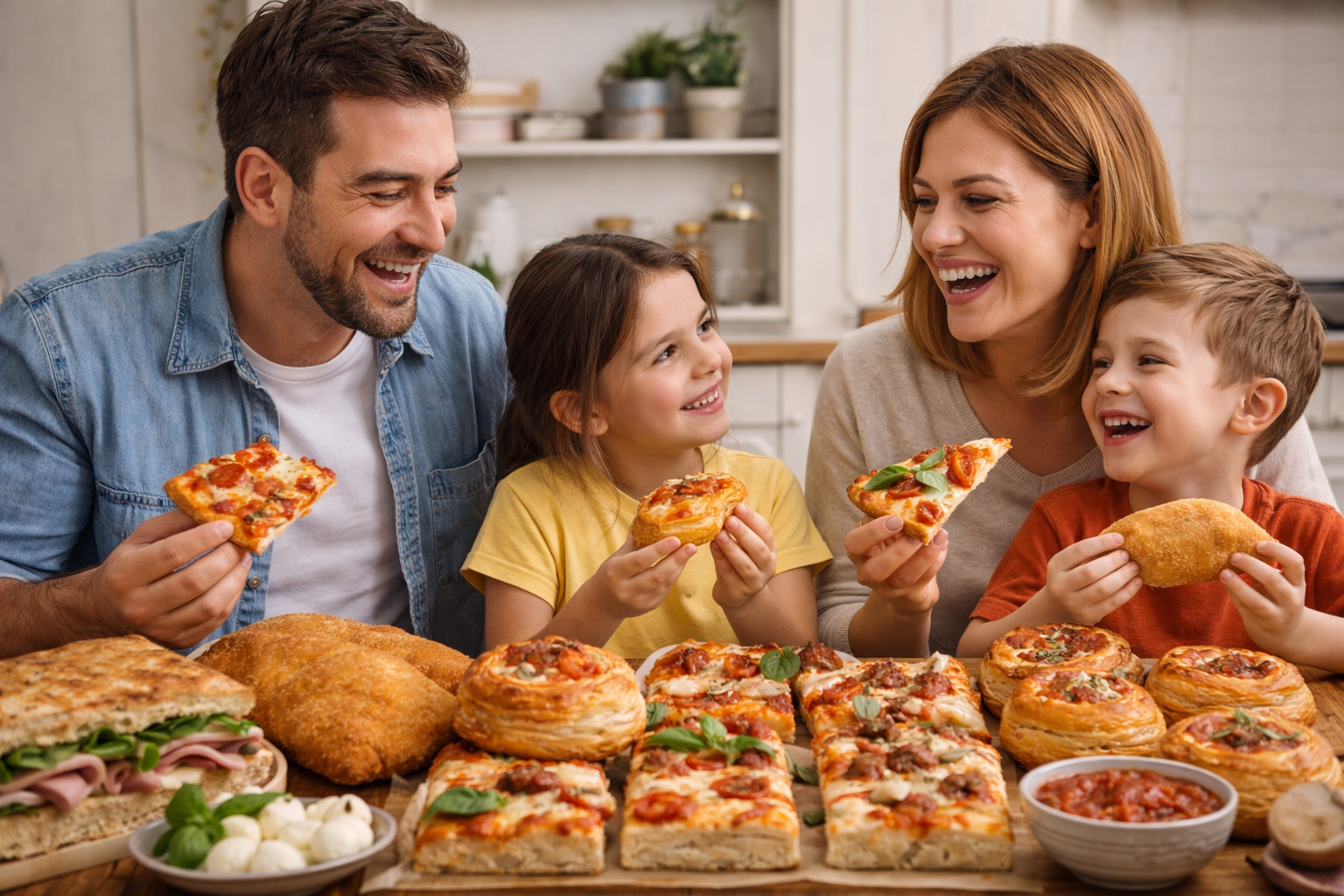 Una famiglia ride e mangia pizze e snack vari seduti a un tavolo in un ambiente chiuso.