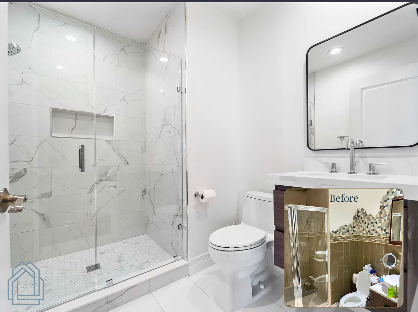 Tampa bathroom remodeling project with marble tile shower and modern LED mirror