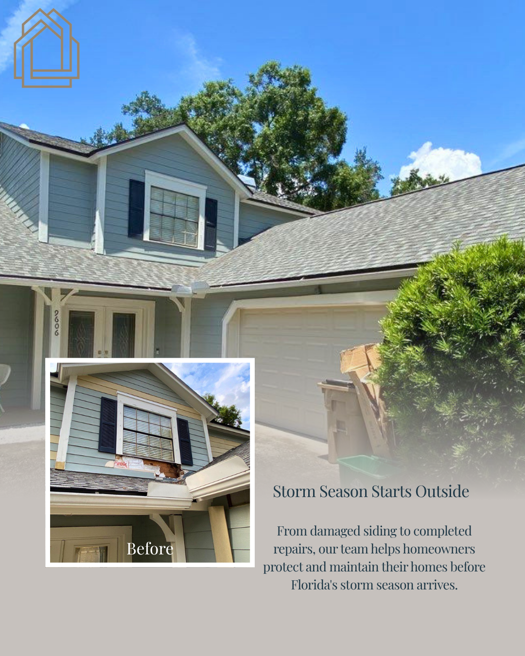 Home exterior with gray siding and shingled roof; inset shows window trim repair/installation.
