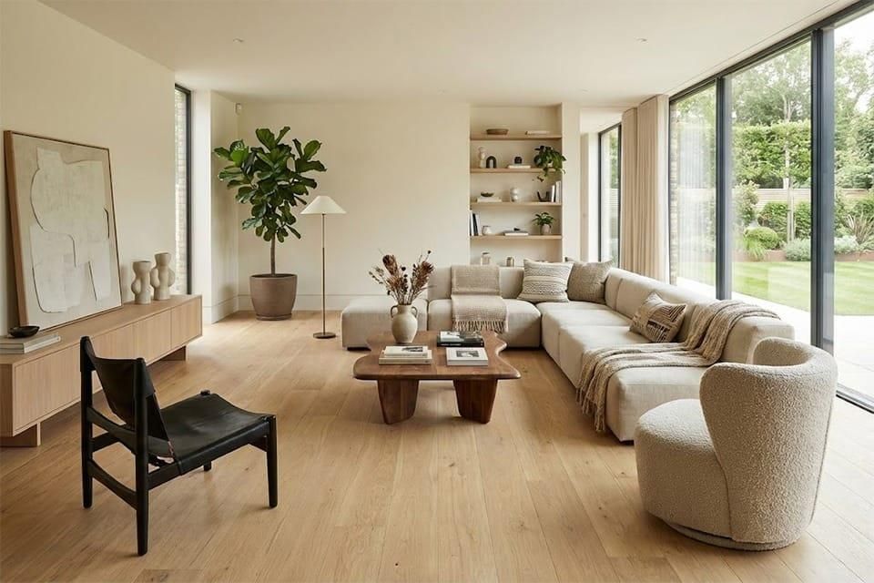 Modern living room featuring wide-plank flooring in warm natural oak tones, complemented by neutral furnishings and contemporary finishes.