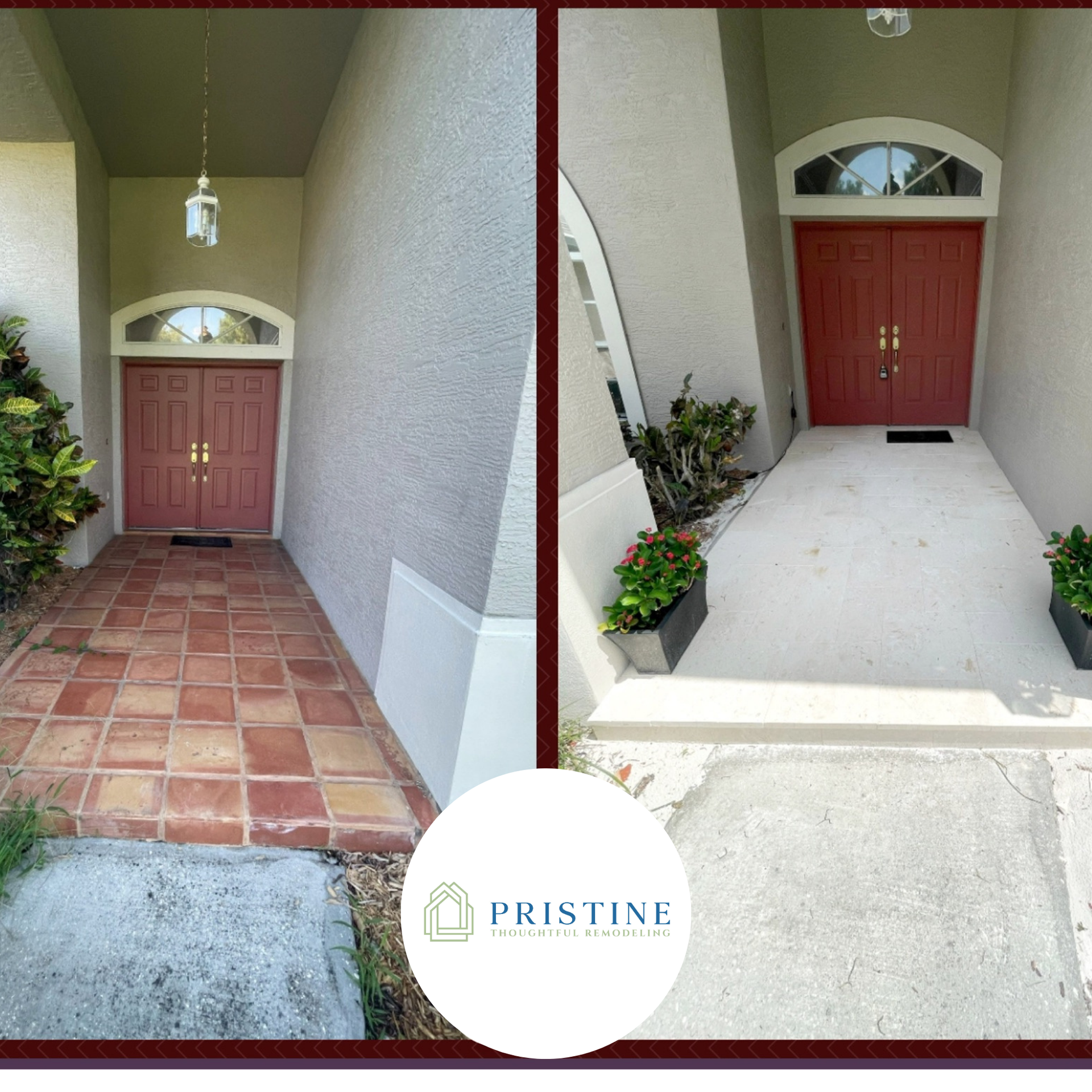 Before-and-after of a front entryway with terracotta tile replaced by a light concrete path and red double doors.