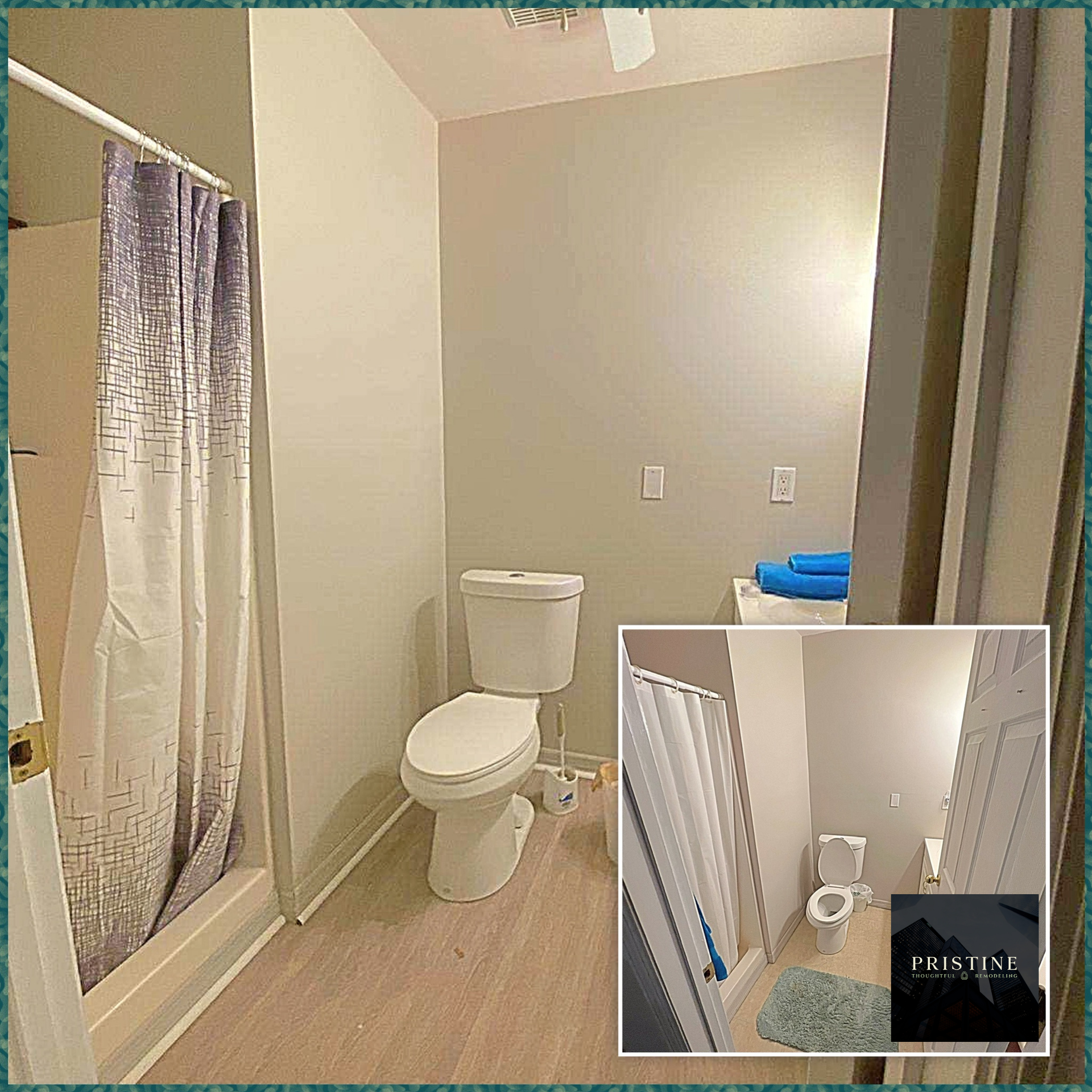 Small beige bathroom with toilet, shower curtain, and tiled floor; inset shows a wider view of the room.