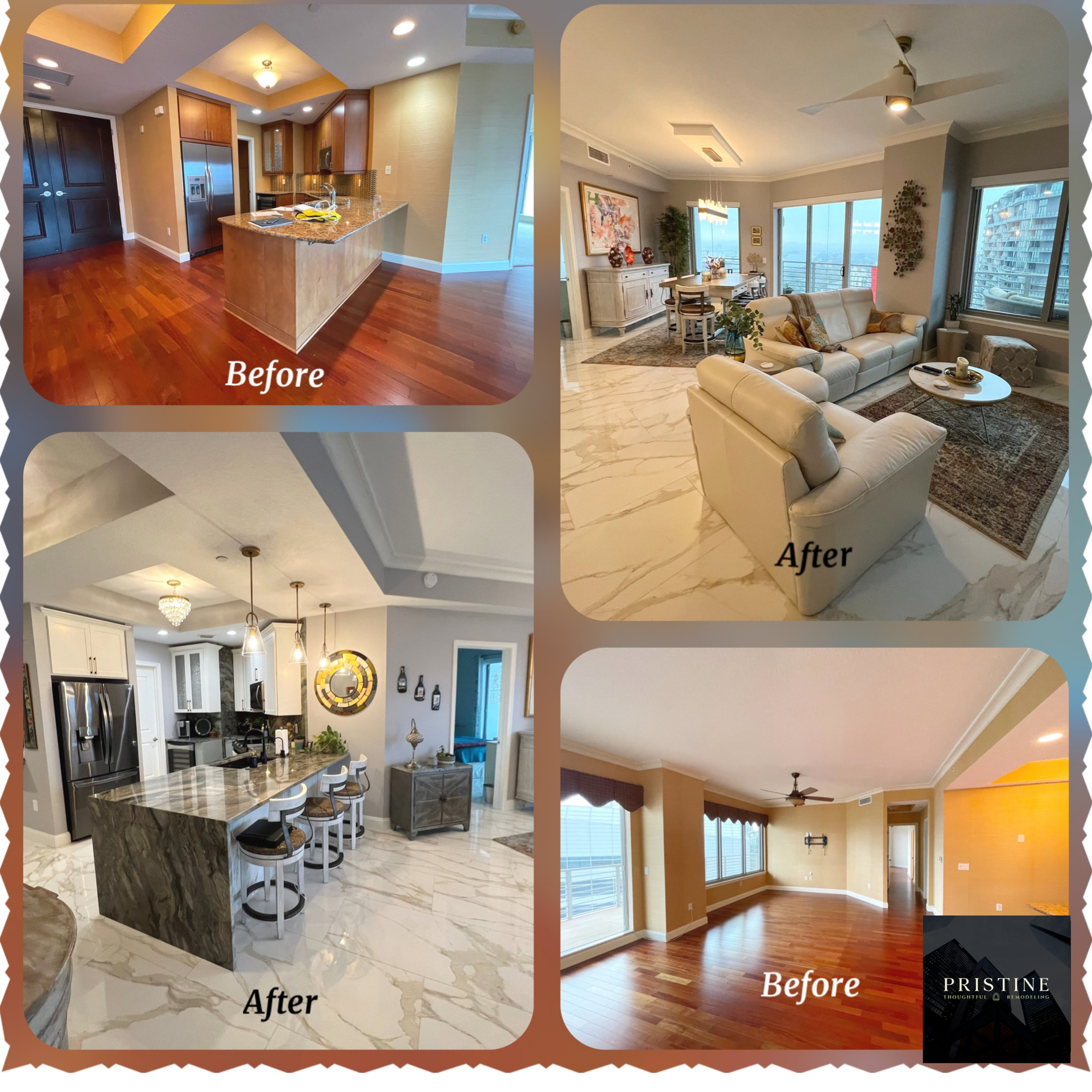 Before-and-after collage of a remodeled living room and kitchen with modern furnishings and wood floors