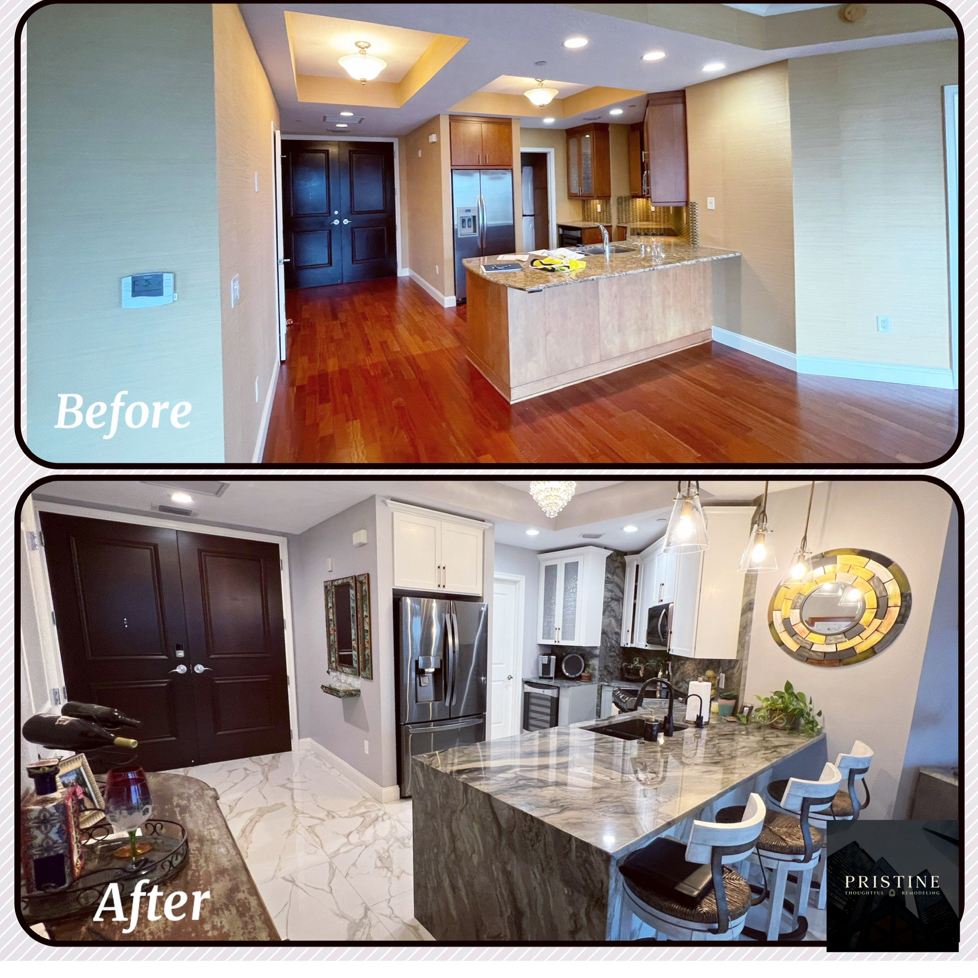 Before and after Tampa bathroom renovation with upgraded vanity, lighting, and flooring