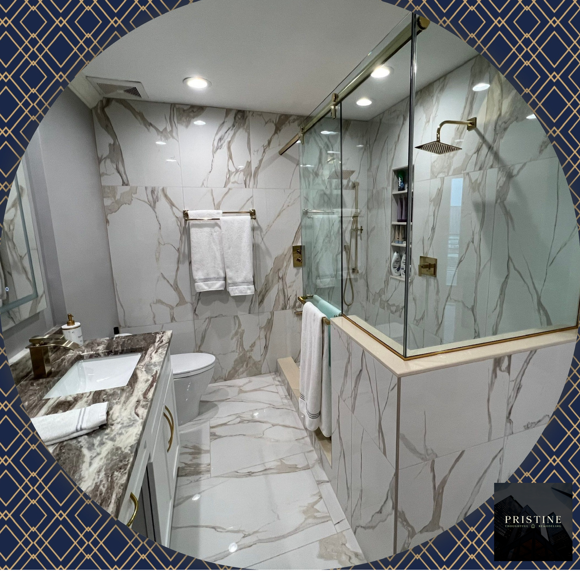 Before and after bathroom shower renovation in Tampa Bay with marble tile walls