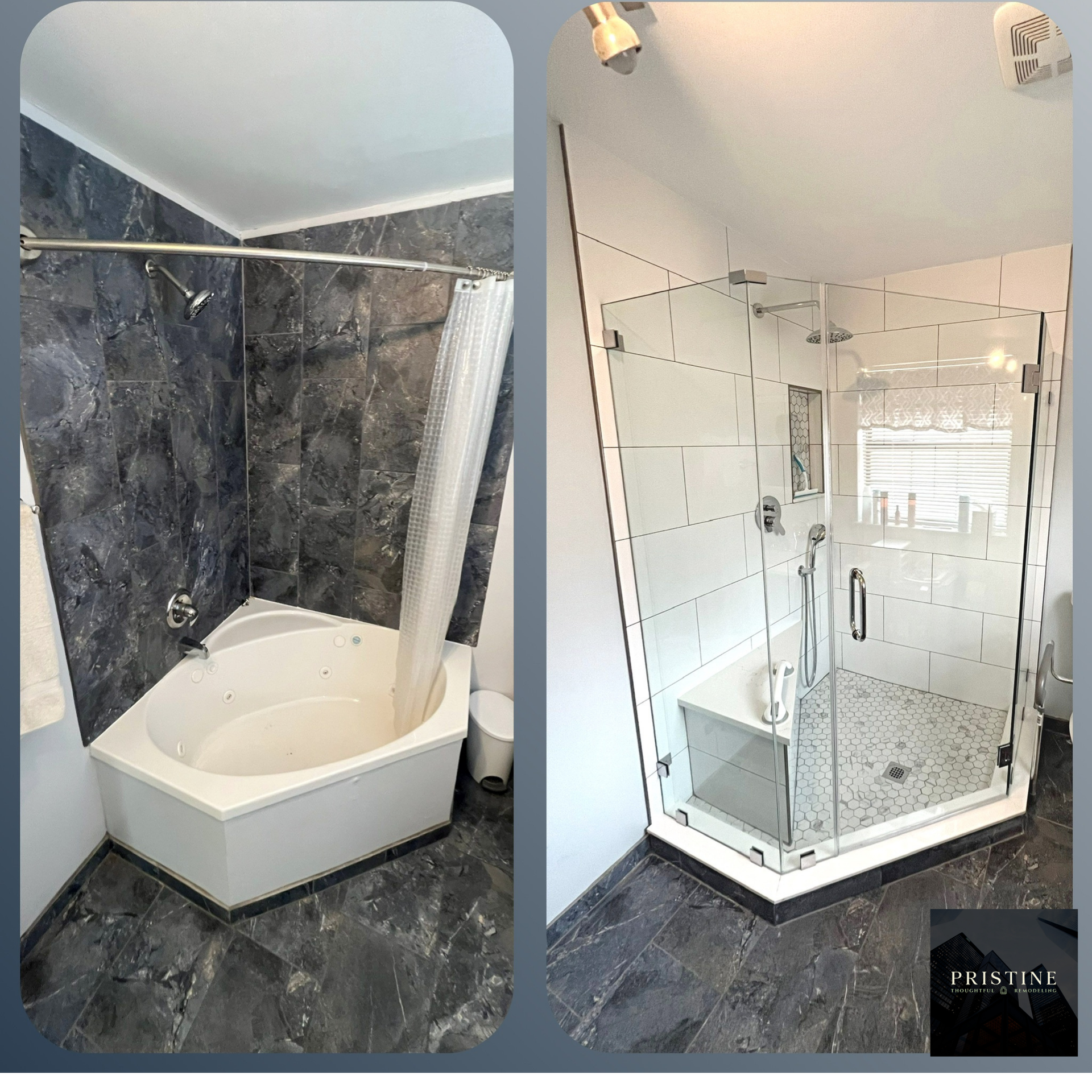 Small bathroom with dark marble walls and a white corner tub beside a glass-enclosed shower.