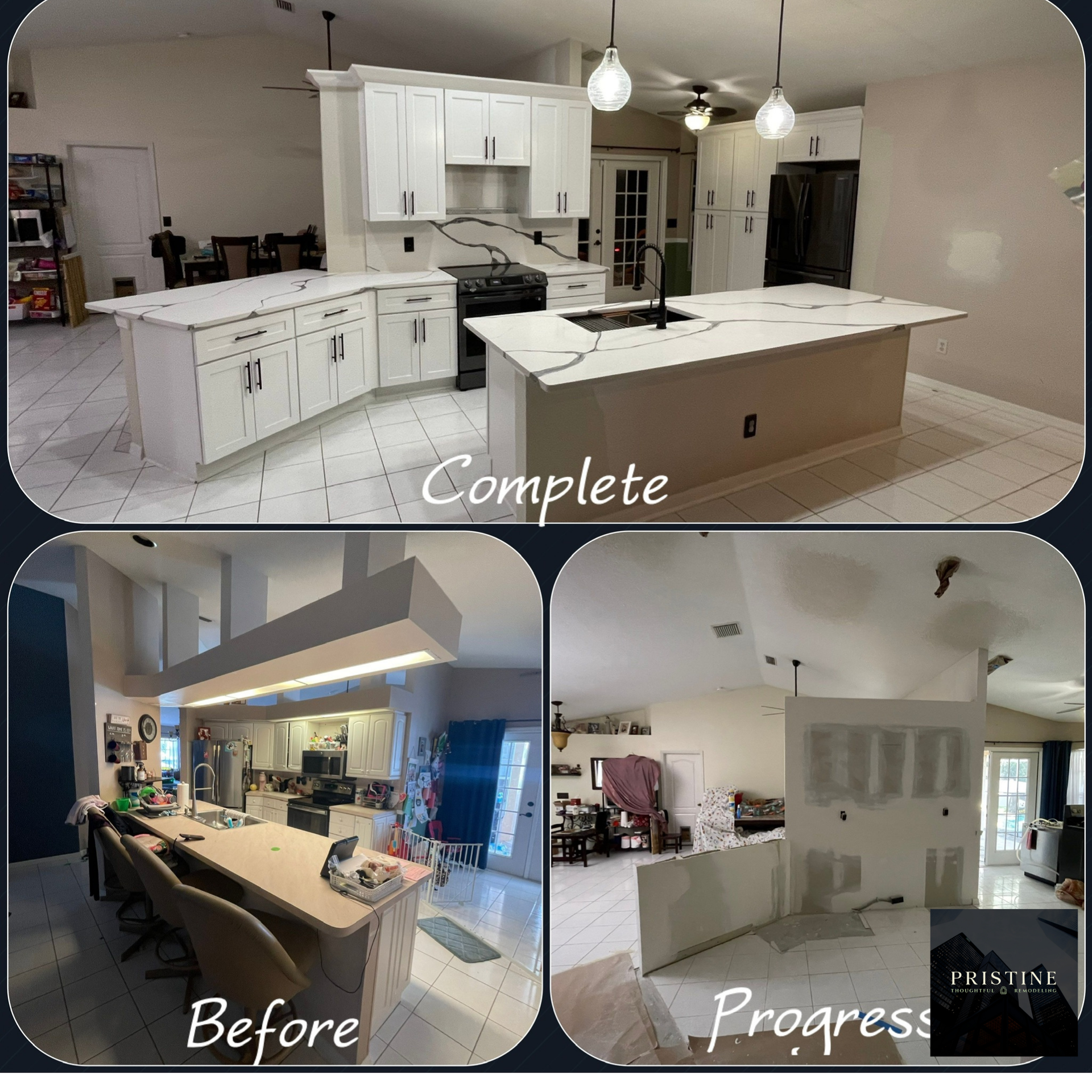Kitchen remodel collage showing before, progress, and completed white island and cabinets