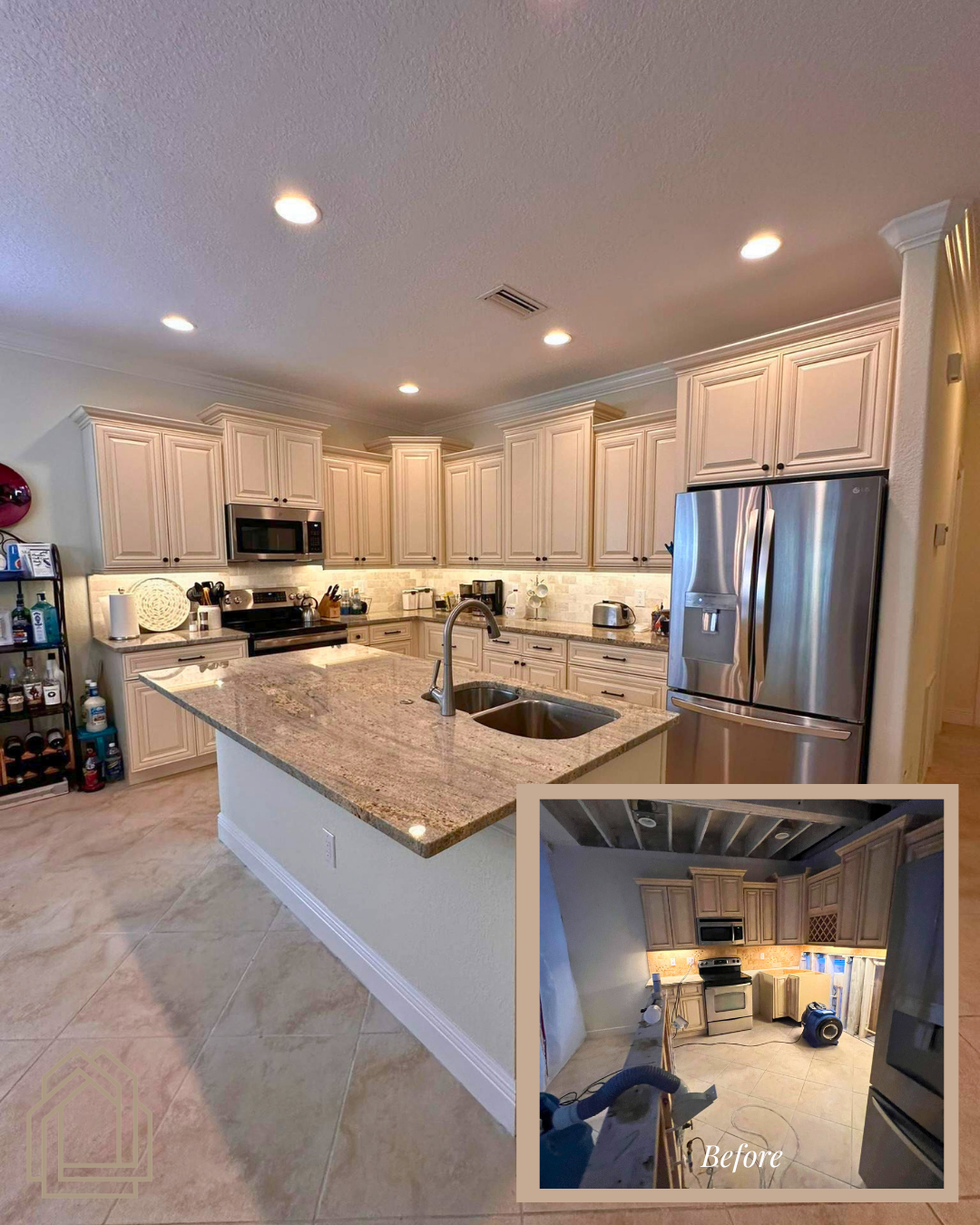 Bright white kitchen with granite island, stainless fridge, and recessed ceiling lights