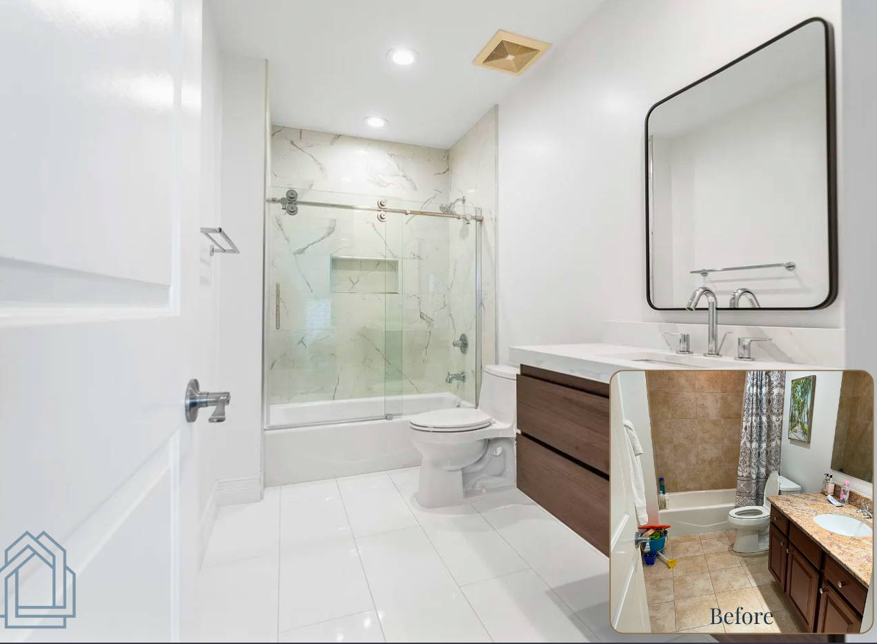 Modern white bathroom with glass shower, toilet, and vanity with mirror and wood cabinet panels