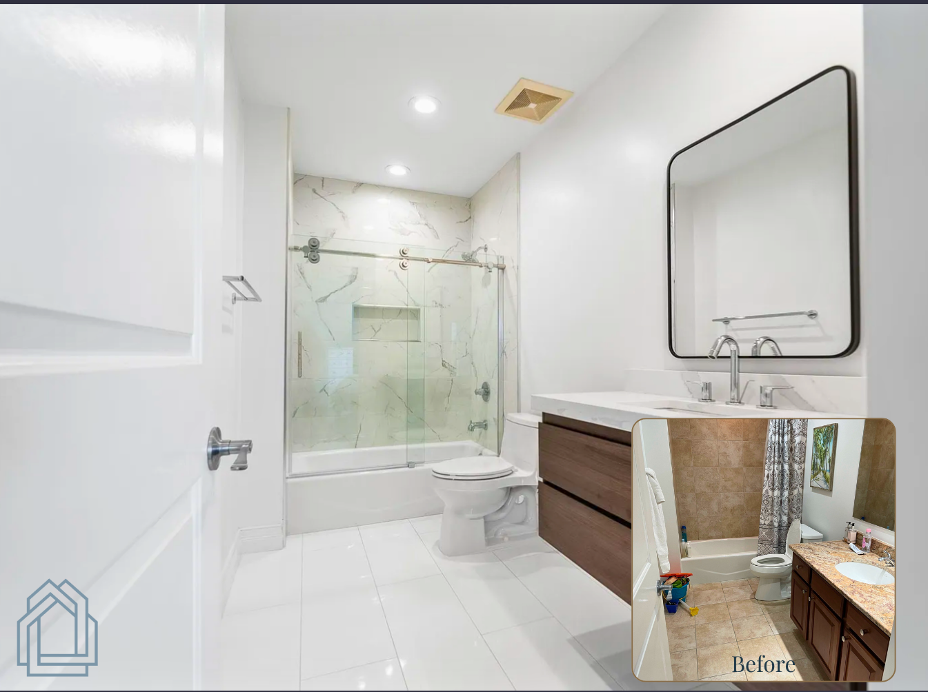 Luxury bathroom renovation in Tampa Bay with custom vanity and frameless glass shower