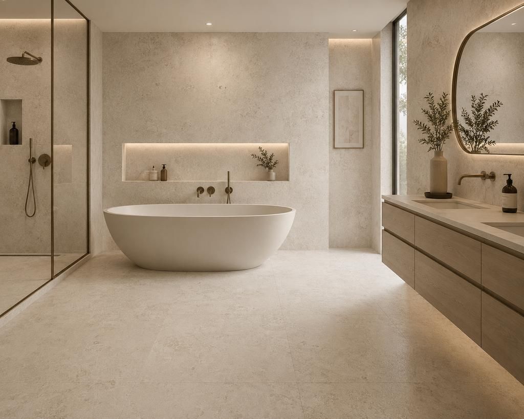 Contemporary bathroom with large-format beige porcelain floor and wall tiles, creating a clean, cohesive appearance with fewer grout lines.