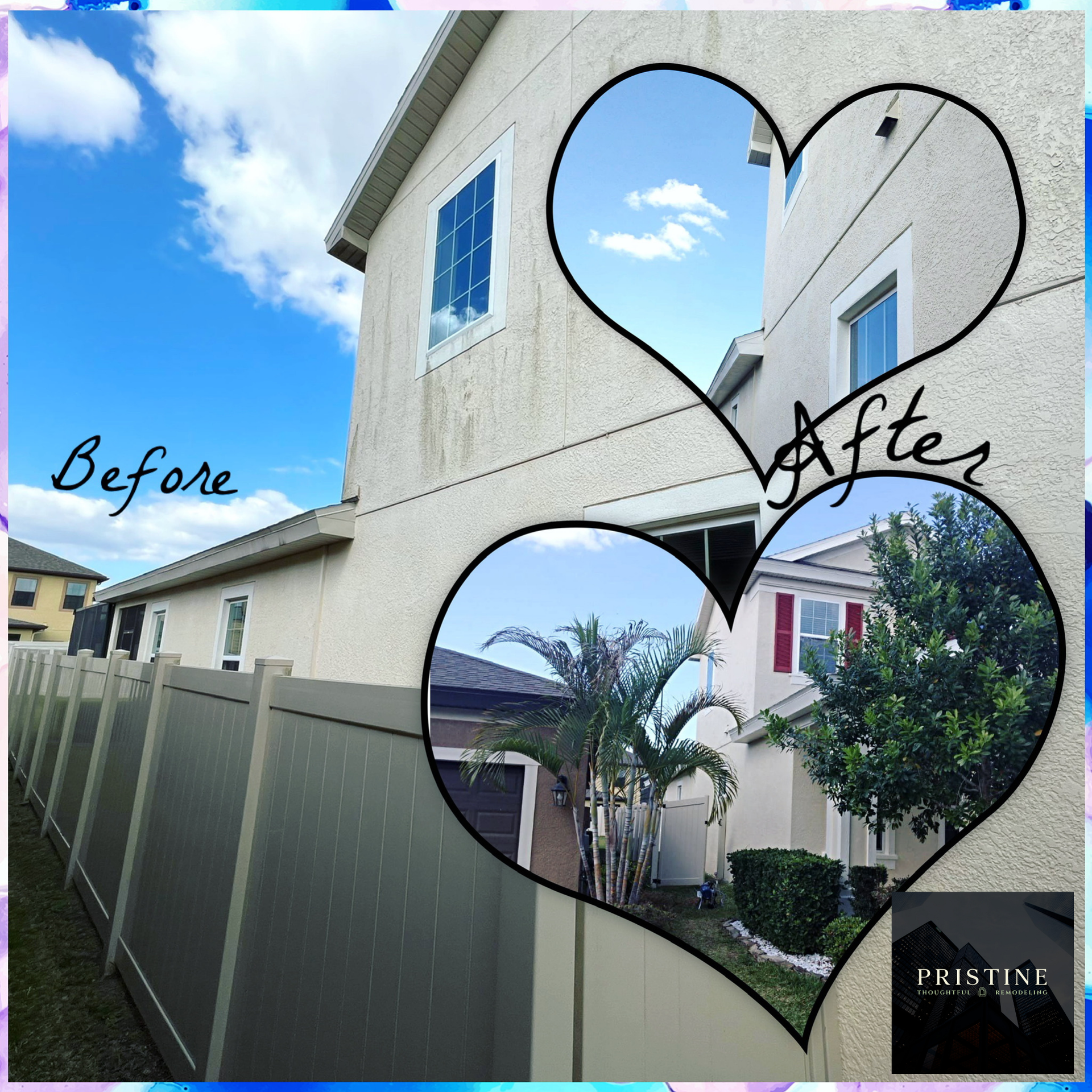Before-and-after of a house exterior fence and landscaping, with heart-shaped inset photos showing improvements