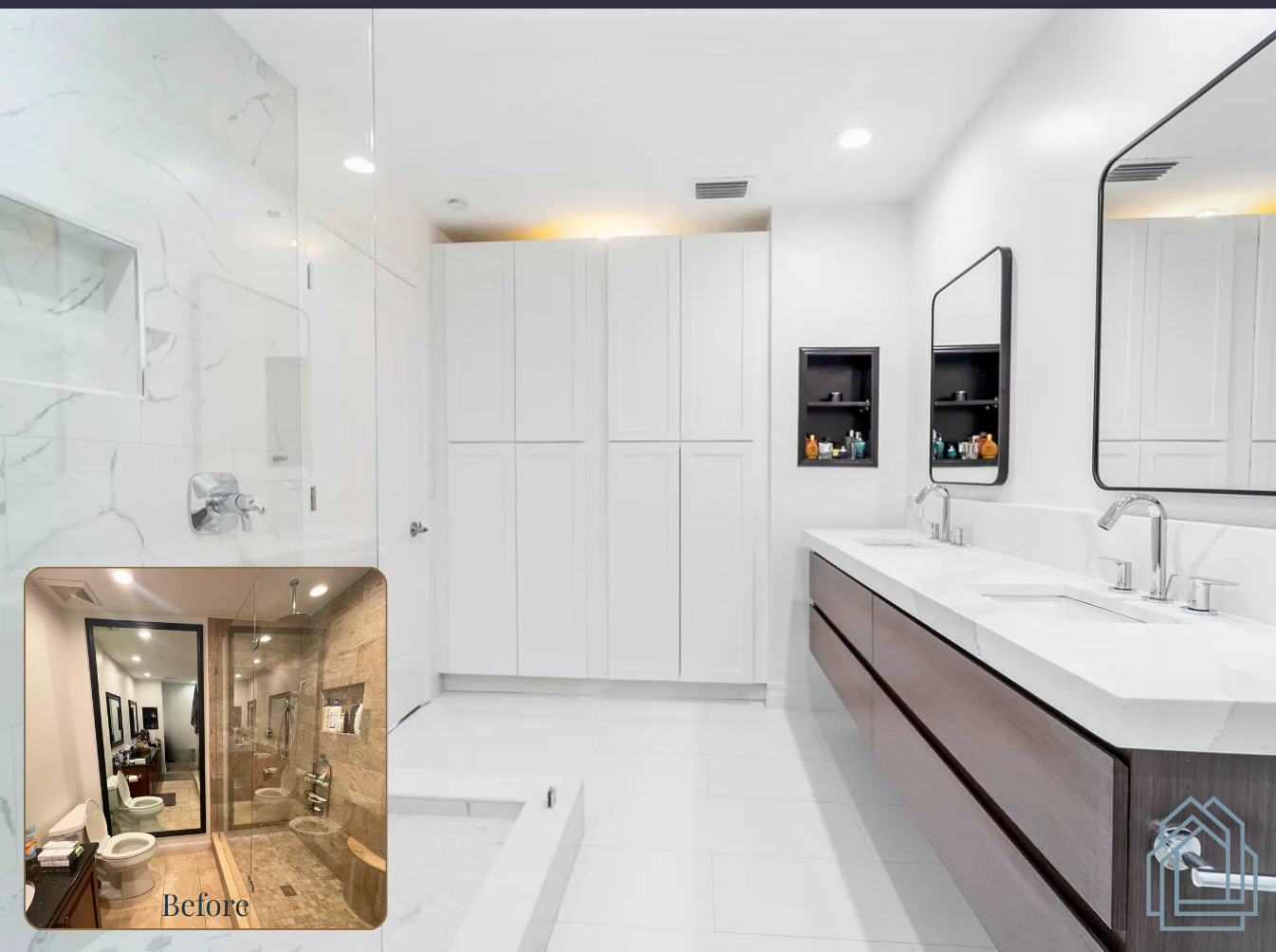 Bright white modern bathroom with large vanity, mirror, shower, and built-in cabinets