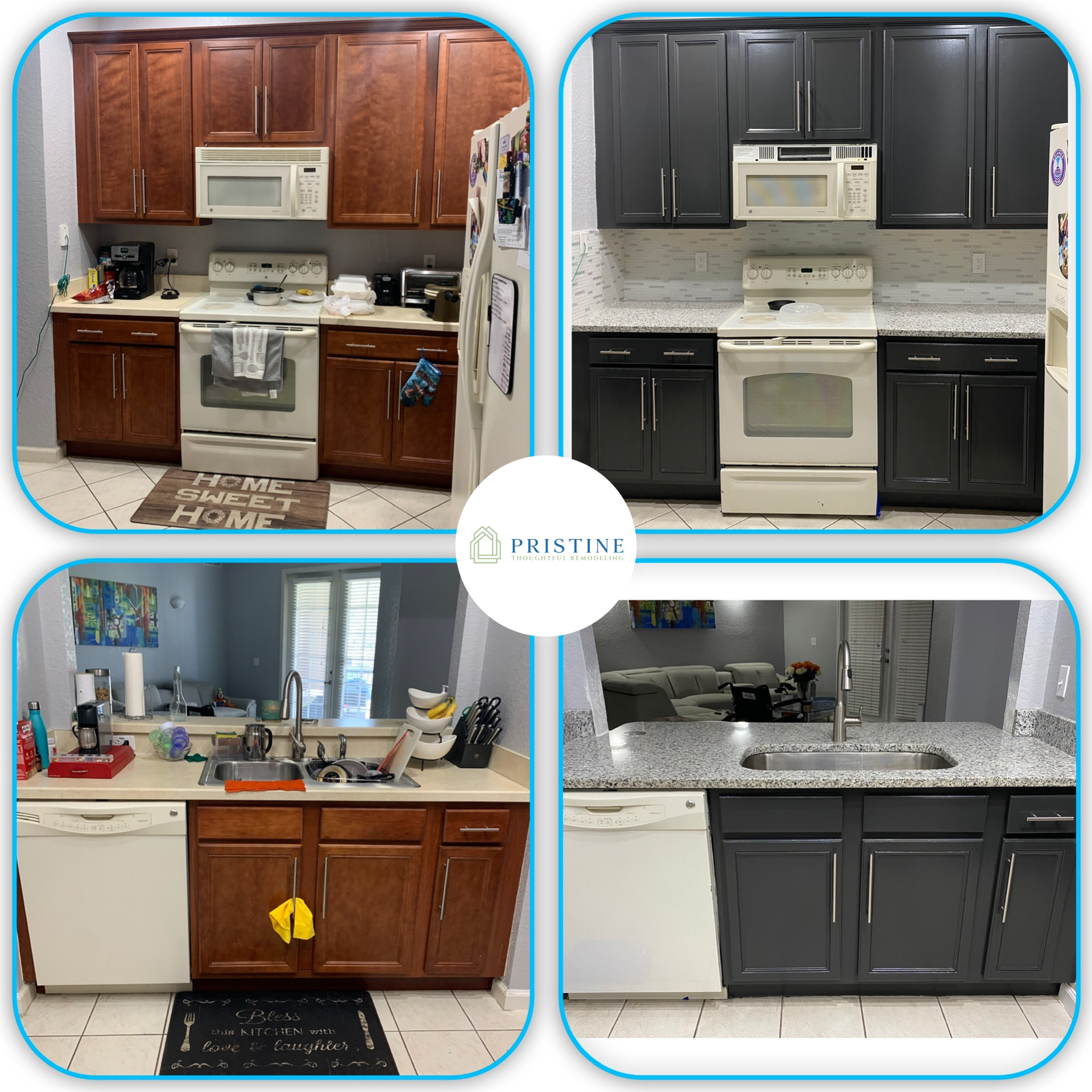 Before-and-after kitchen cabinets and countertop makeover in a four-panel collage, showing wood and black finishes.