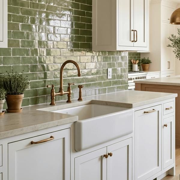 Kitchen backsplash featuring muted sage green zellige-inspired tiles with subtle color variation and a handcrafted appearance.
