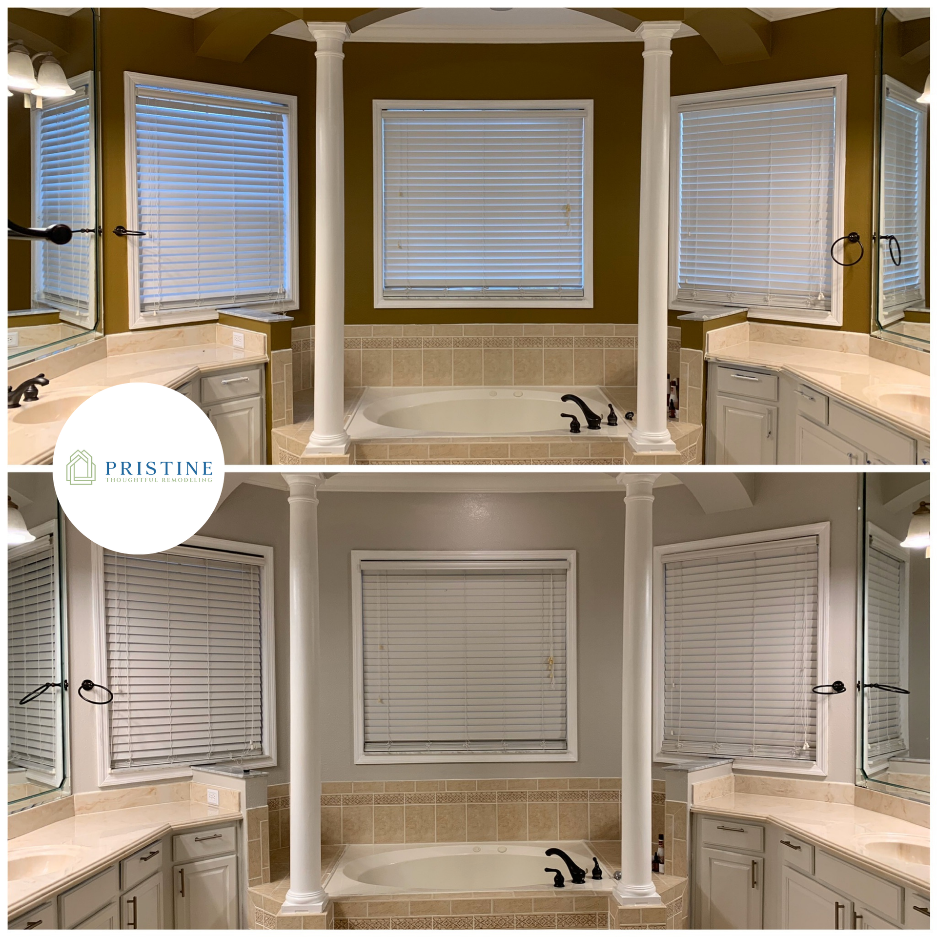 Before-and-after bathroom with white blinds, beige walls, and a freestanding tub between columns.