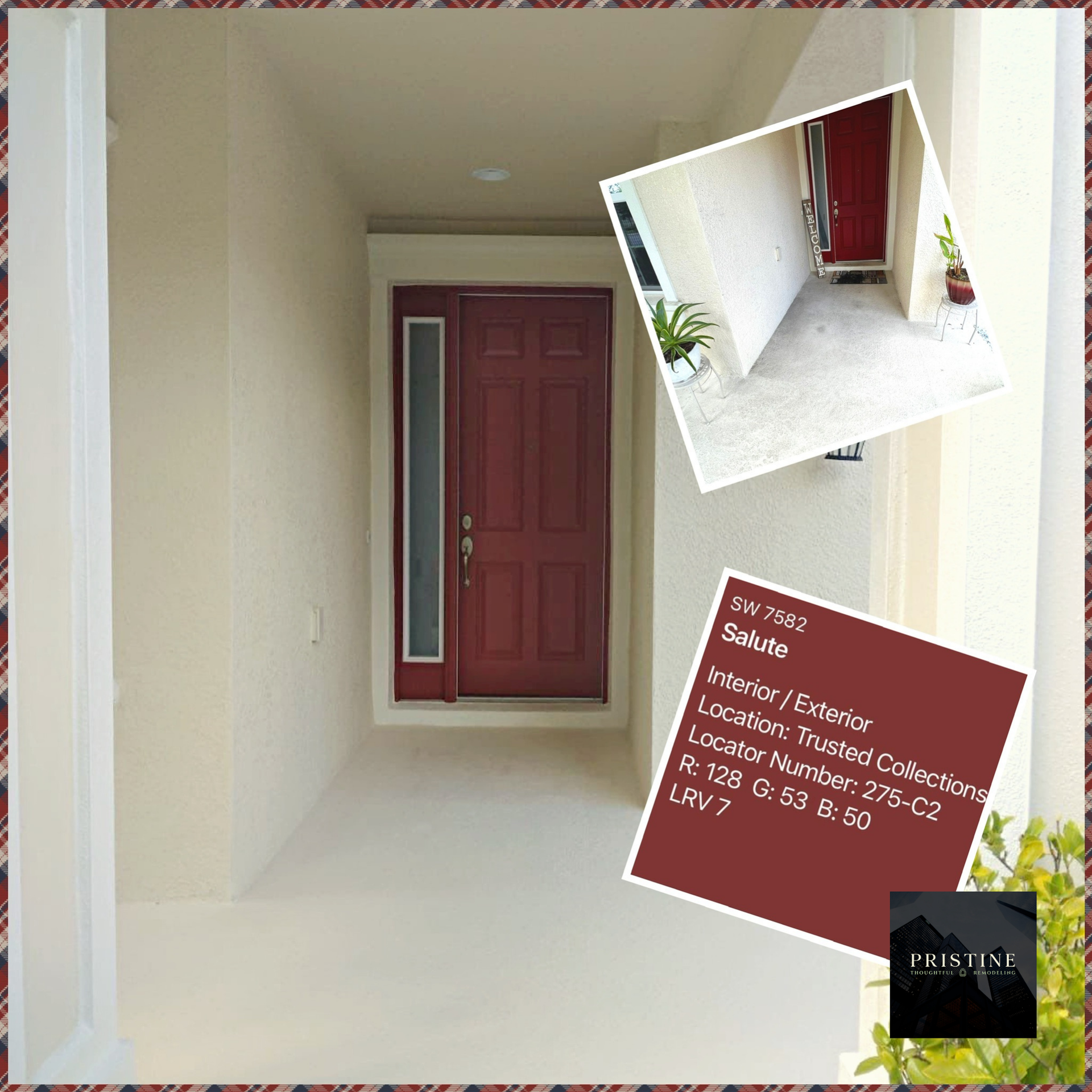 Bright entryway with a red front door and two tilted real-estate inset photos on the right