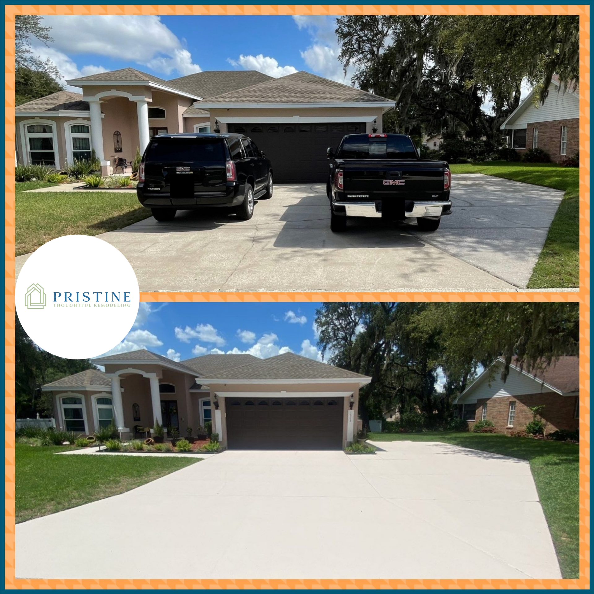 Before-and-after of a house driveway resurfacing, with two black pickup trucks in the top view.