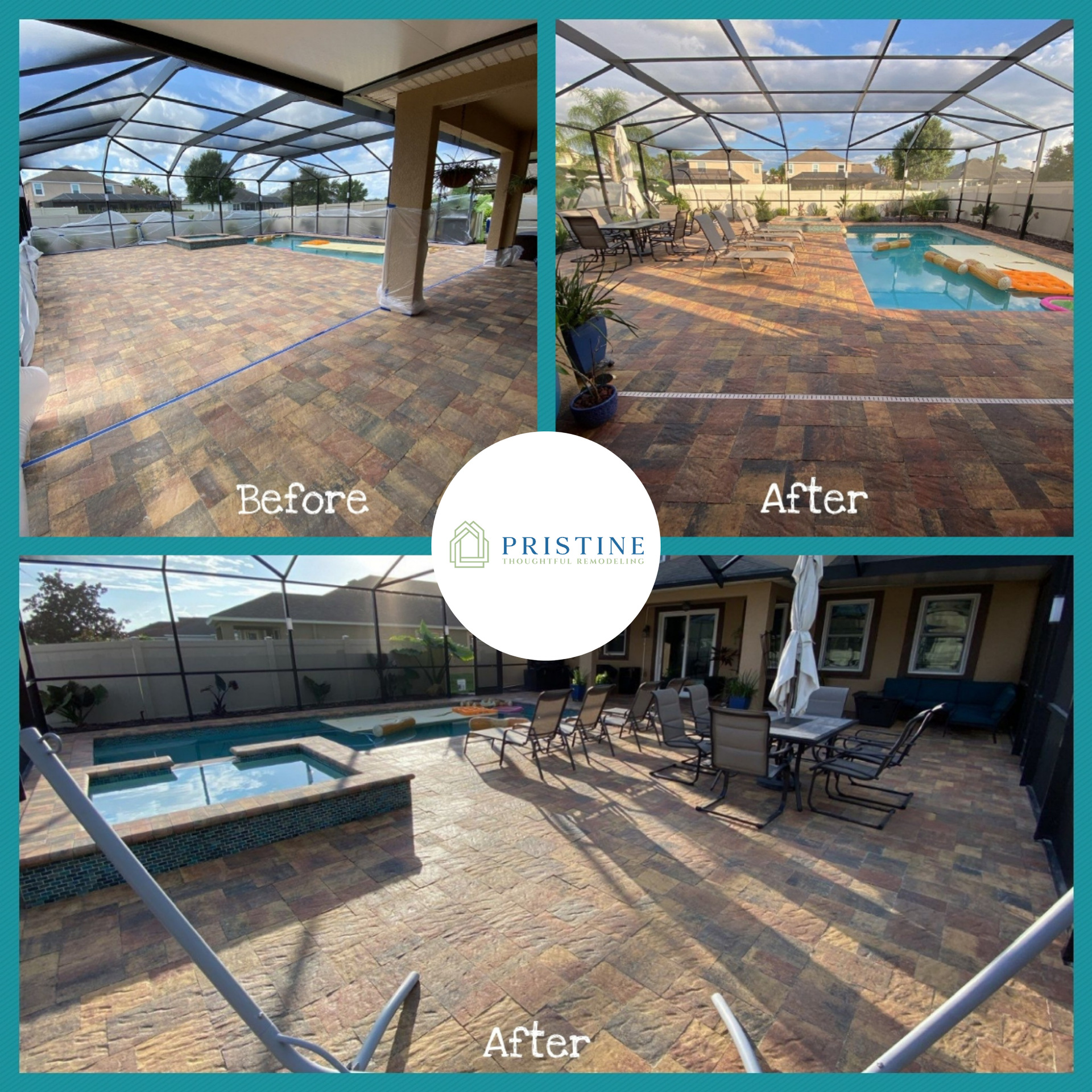 Before-and-after patio makeover with screened enclosure, pavers, pool, and outdoor seating area