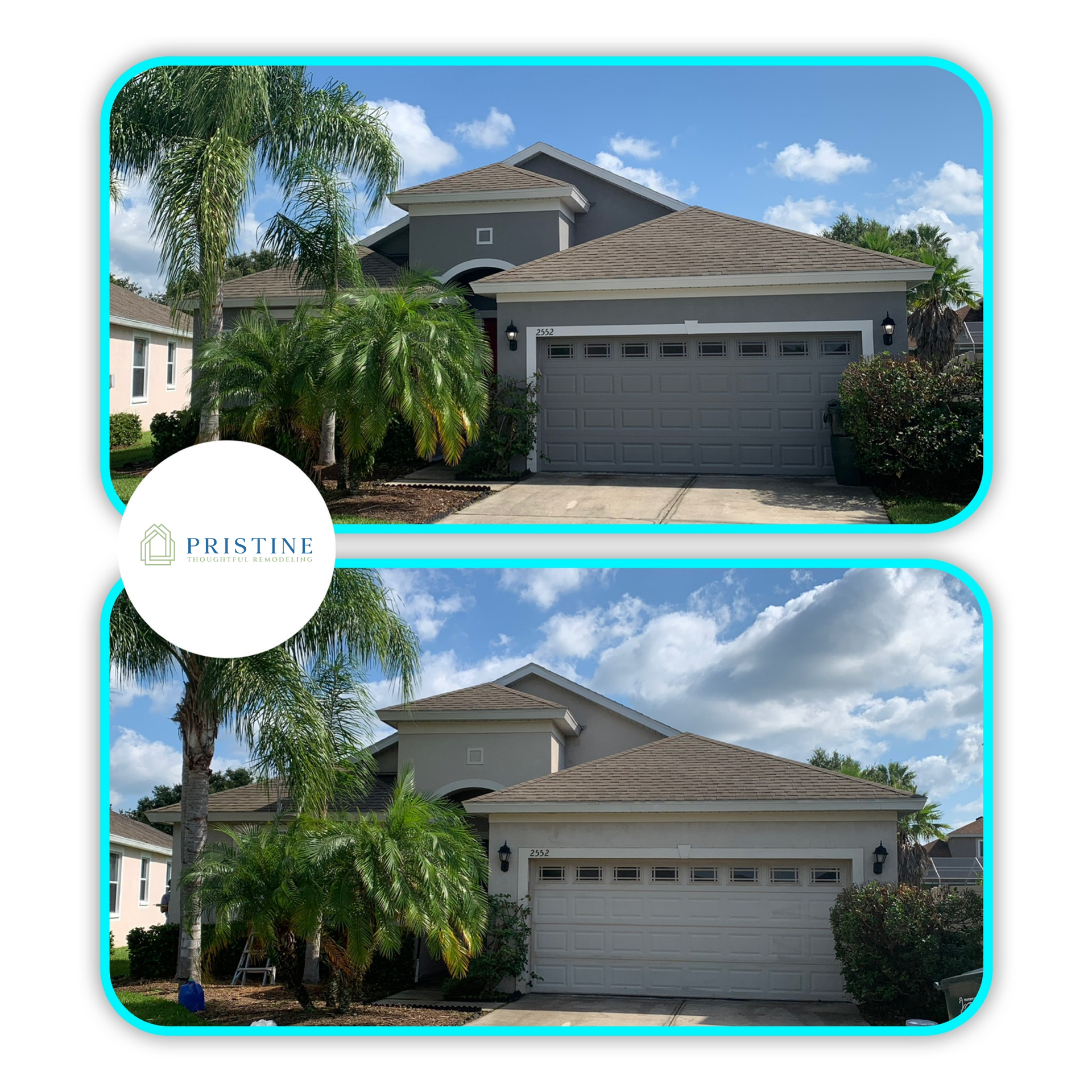Split image of a gray suburban house with palm trees and a two-car garage under a blue sky.