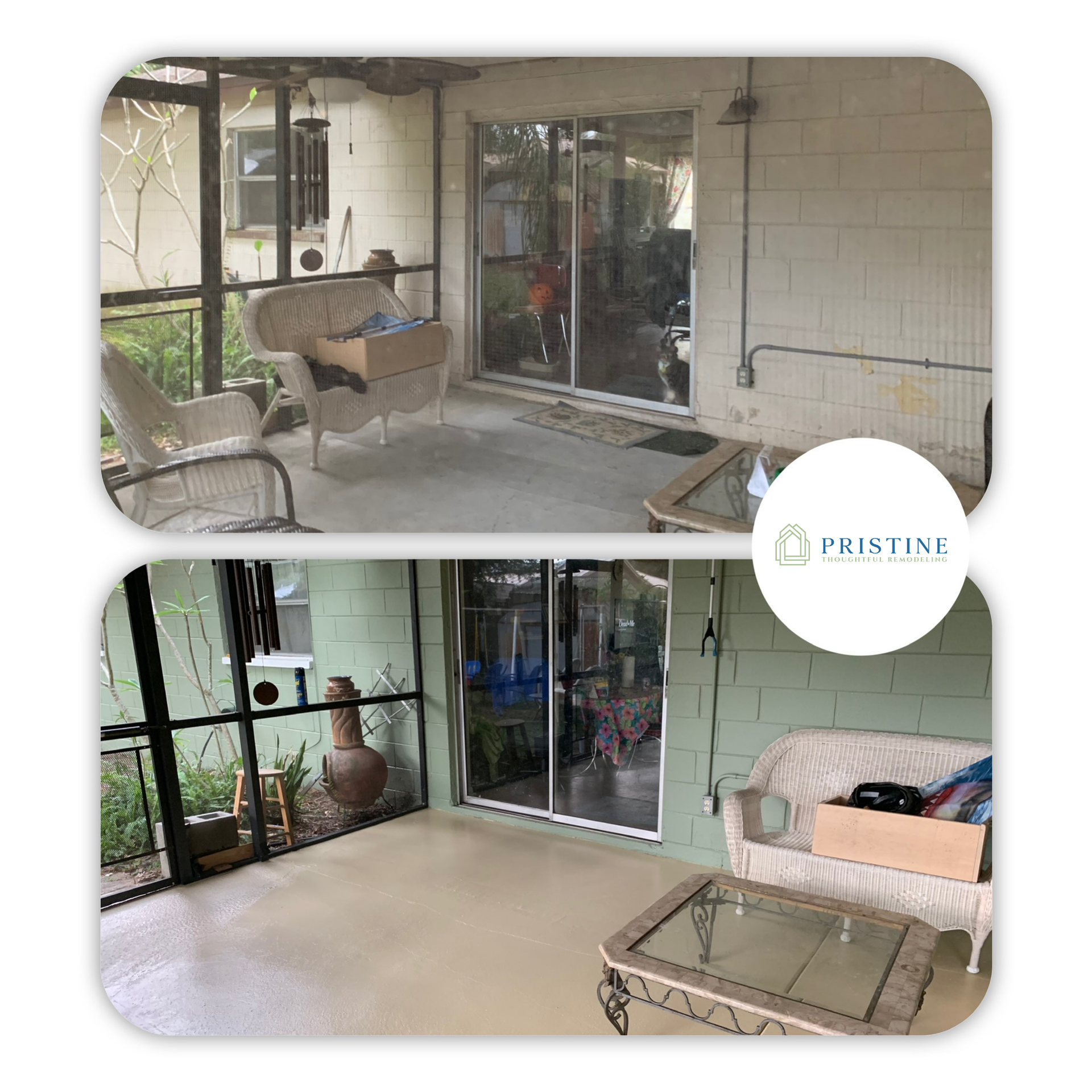 Covered patio with wicker seating and glass sliding doors, shown in a before-and-after comparison.