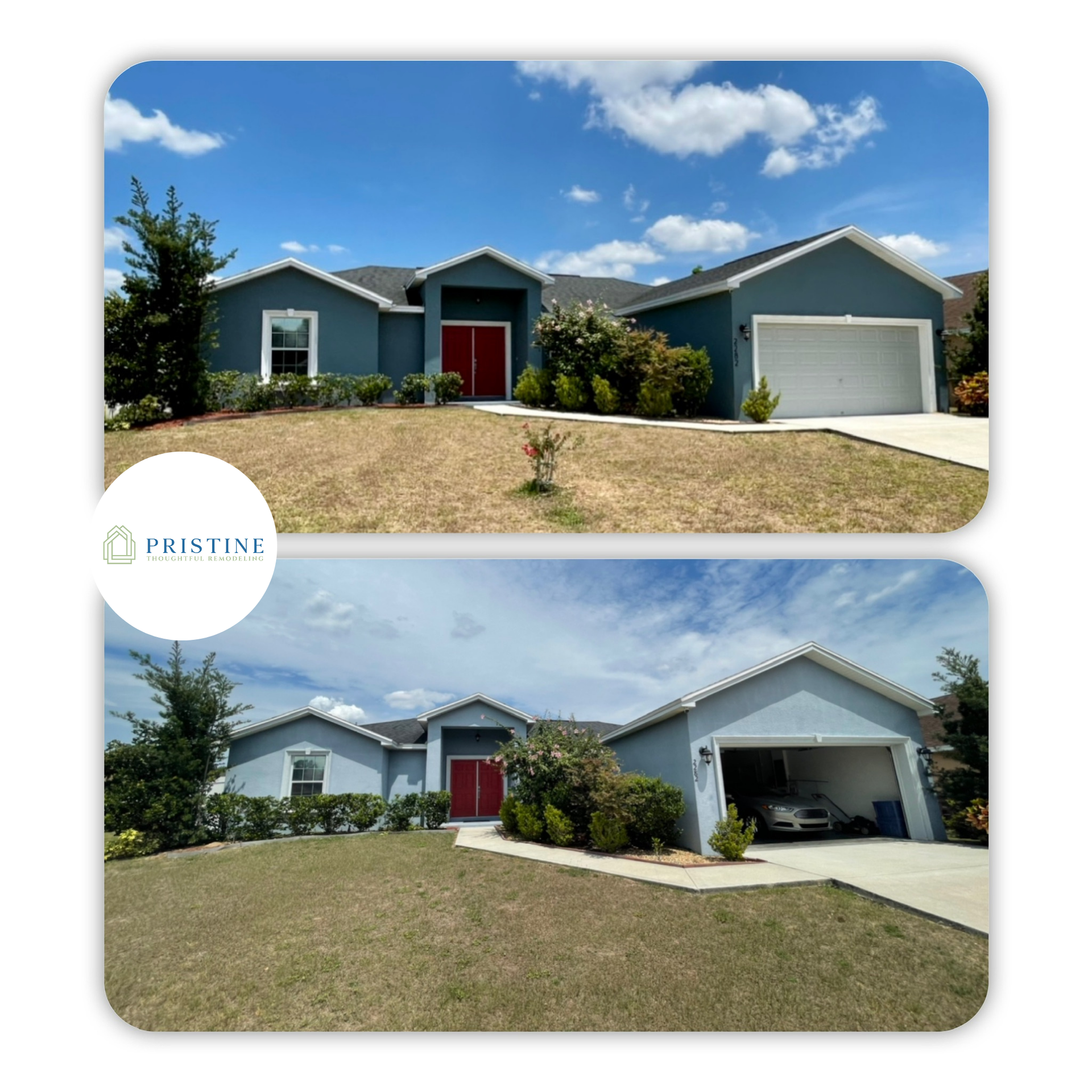 Two views of a blue-gray suburban house with a red front door and two-car garage under a blue sky