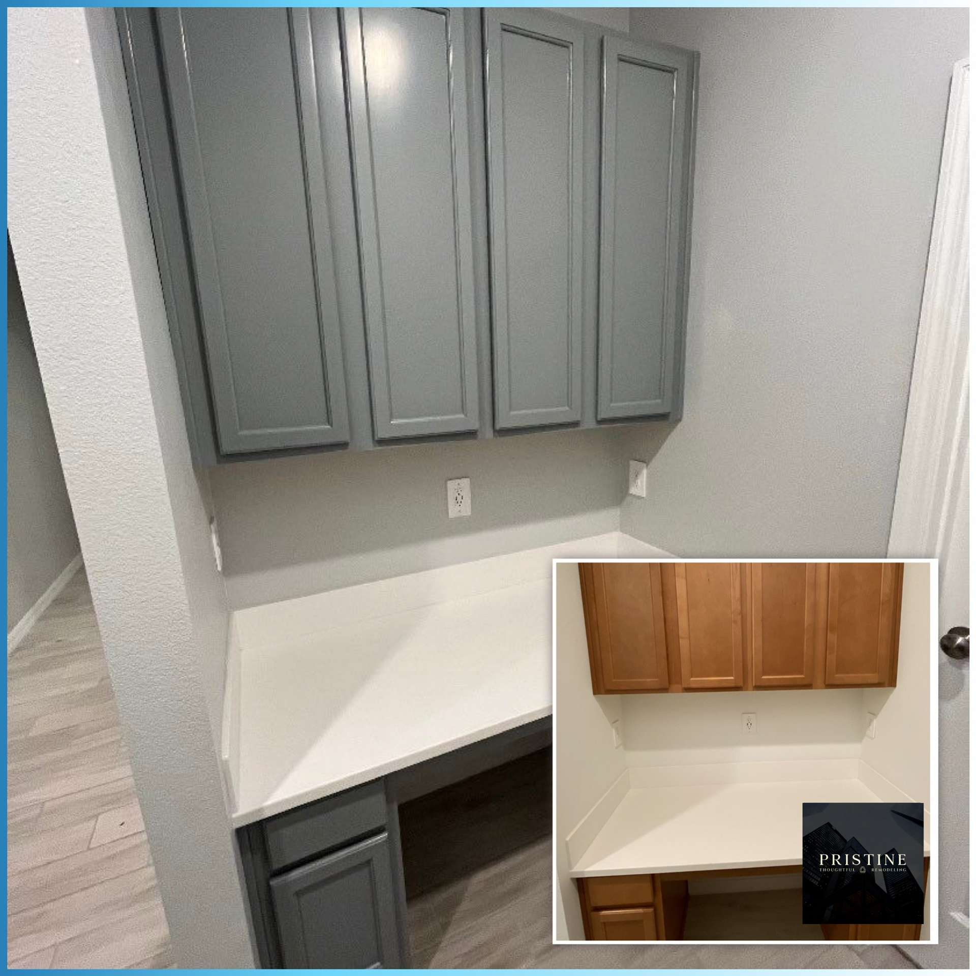 Small home office with gray cabinets and white desk, plus inset showing the same space with wood cabinets.