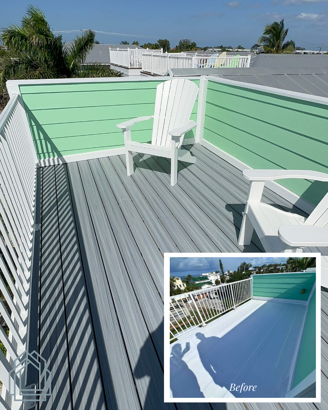 Rooftop deck with white chairs, striped gray flooring, green railings, and a small pool inset view.
