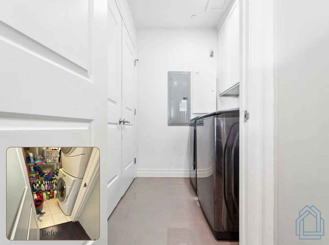 Narrow white laundry room hallway with stacked washer-dryer, gray floor, and inset view of a colorful closet.