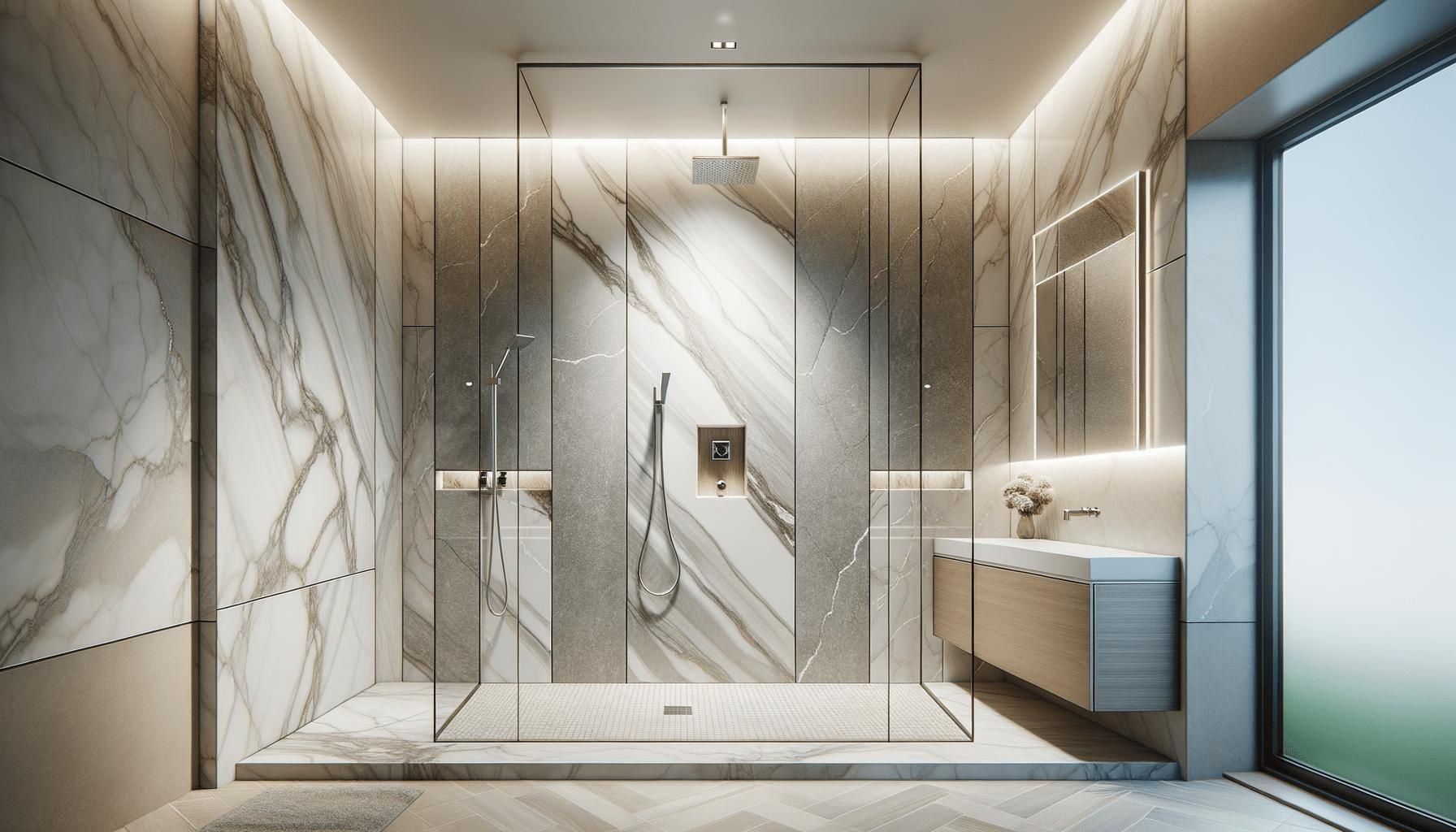 Luxury bathroom shower featuring large marble-look porcelain tiles with dramatic veining and natural stone-inspired patterns.