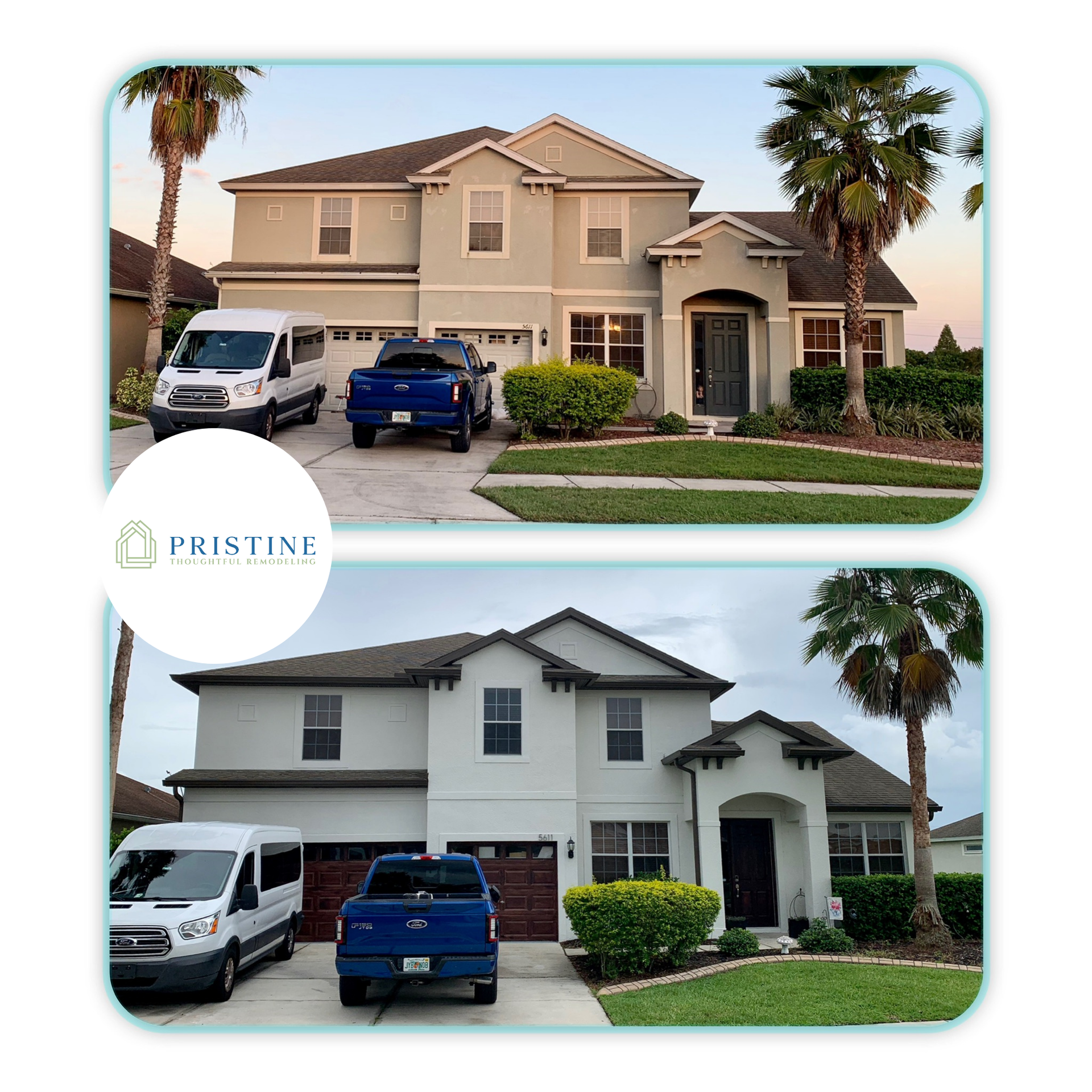 Two views of a beige two-story house with a driveway, white van, blue truck, and palm trees