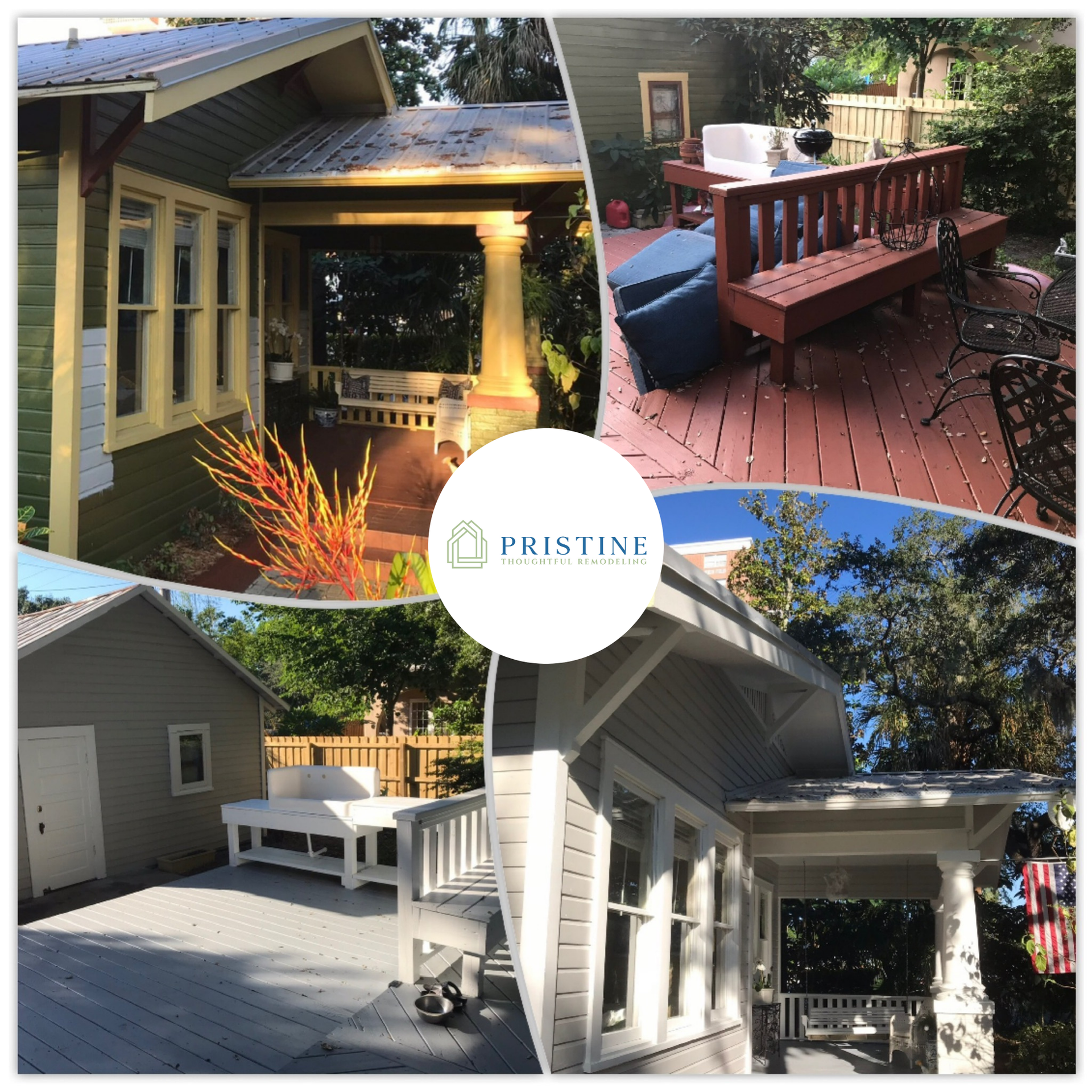 Collage of a house porch and deck with white railings, wooden benches, and outdoor seating in sunlight