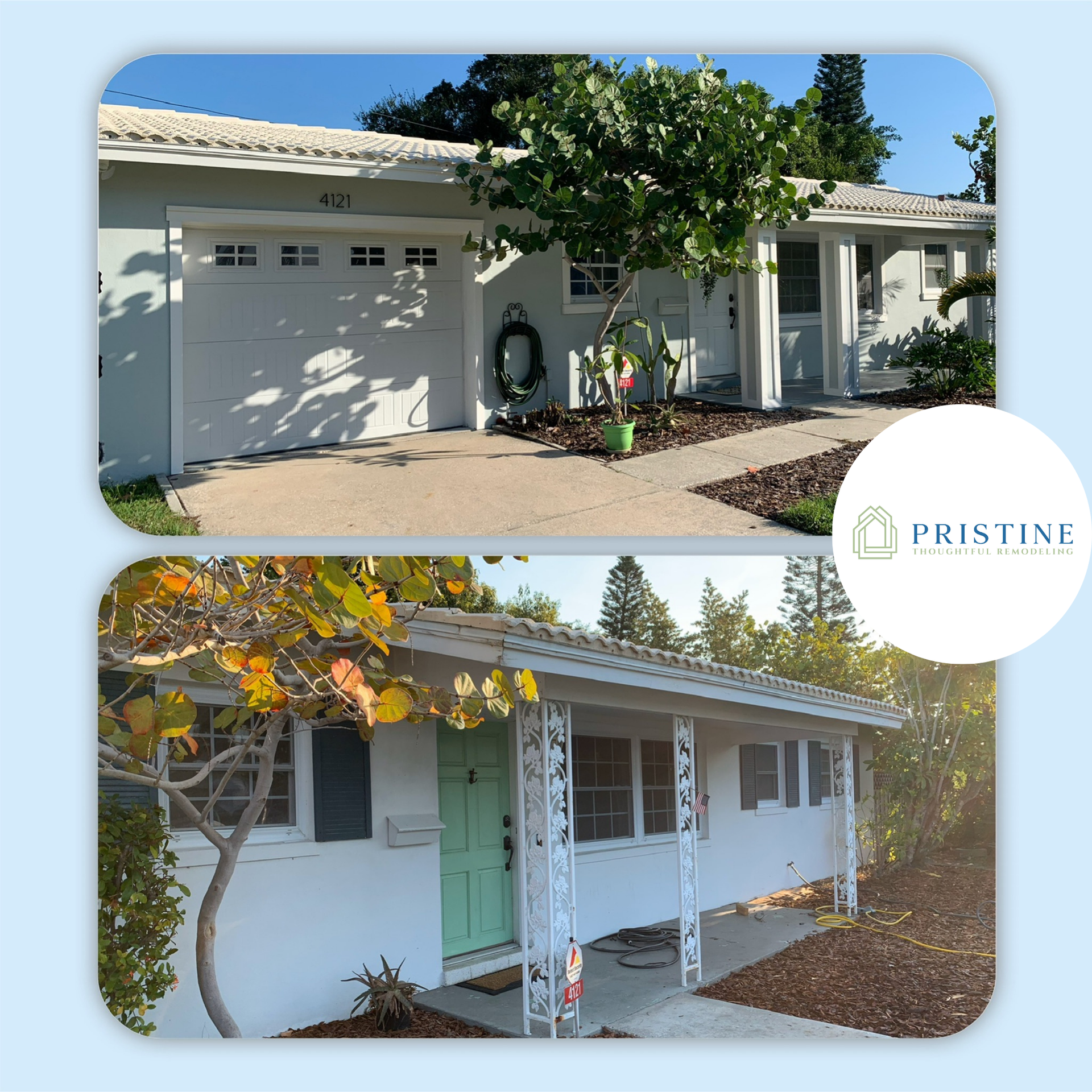 Before-and-after view of a house exterior, showing a white garage-front home and a porch with mint-green door.