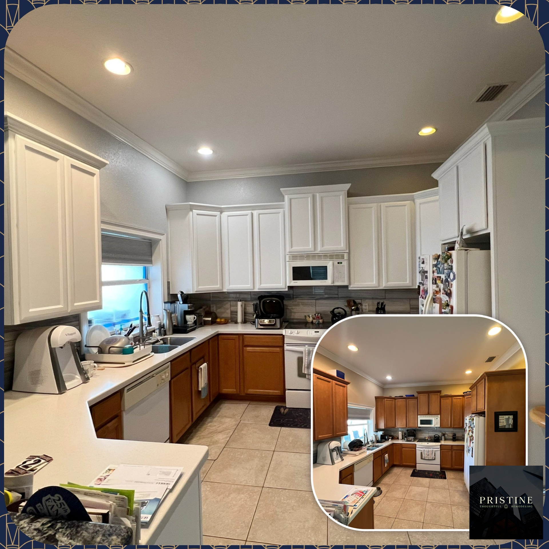 Bright kitchen with white cabinets, tan tile floor, and recessed ceiling lights; inset shows a wider view