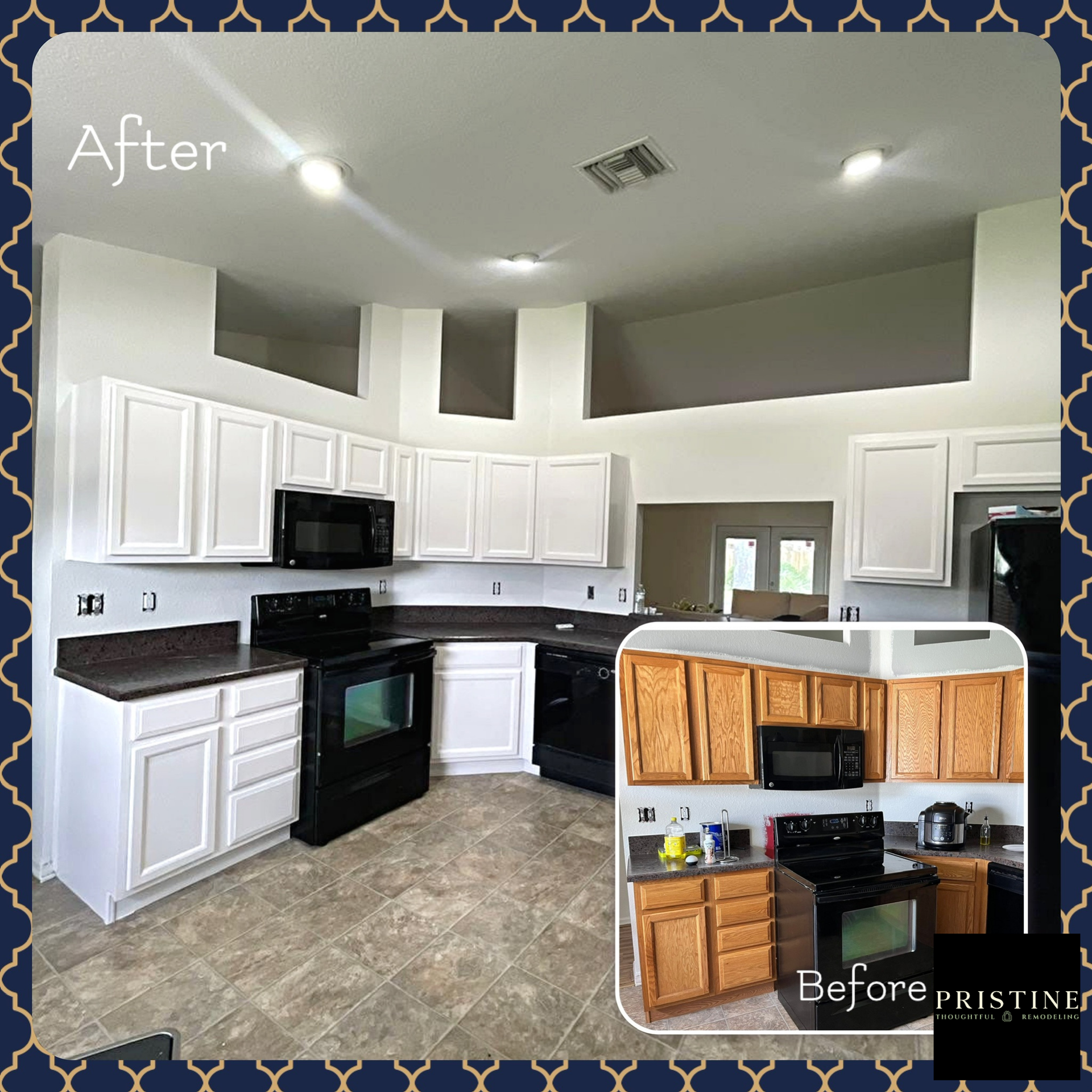 Renovated white kitchen with black appliances; inset shows old wood cabinets in before-and-after view