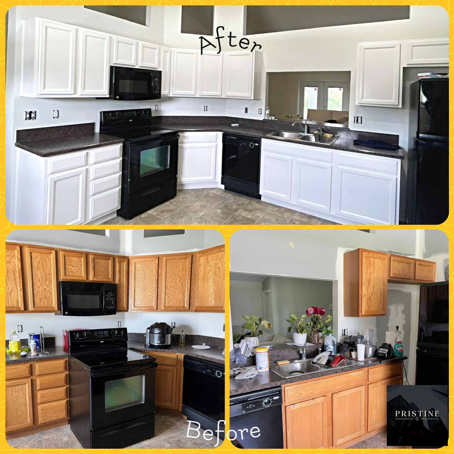 Before-and-after kitchen remodel: old wood cabinets replaced with white cabinets and dark countertops.