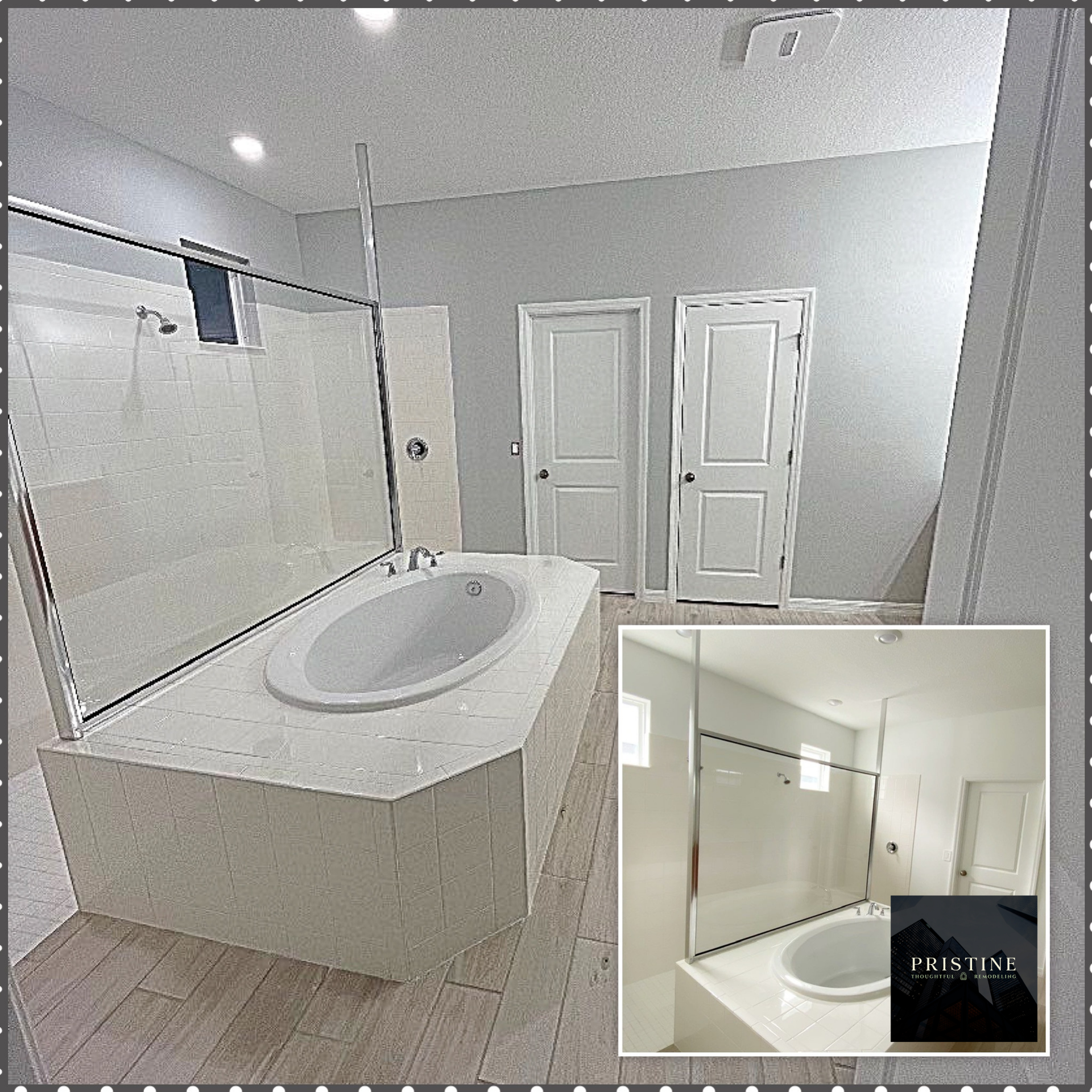Modern white bathroom with double vanity, large mirror, and shower area visible in inset view